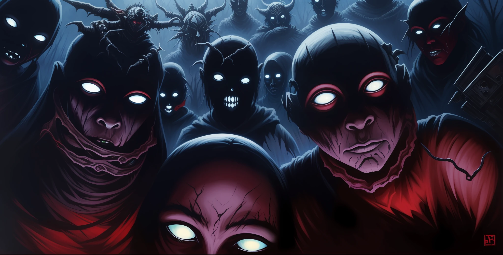 painting of a group of people with red eyes and black faces, horror painting, shamanic horror lsd art, shamanic dmt horror art, cultists watching, sci - fi horror art, mutants roaming in the evening, horror fantasy art, radioactive horror painting, portrait of daemons, sci-fi horror artwork, brom art, dark entities