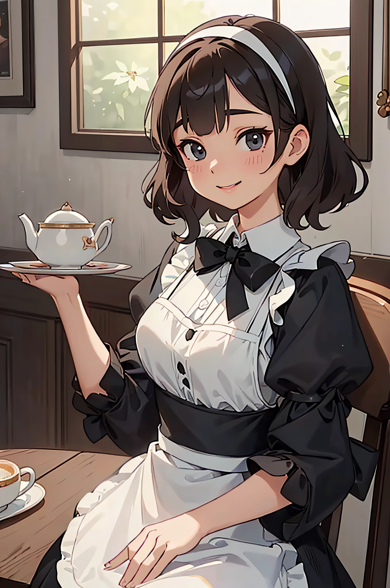 (masterpiece), (portrait), (aesthetic), (beautiful), (upper blody), (high quality), (aesthetic clothings), (professional angle), (rule of thirds), (Feminine), (woman), (female), (beautiful),(feminine features), (25 years), solo, 1 woman, (attractive Japanese), Summer, Soft light, ((Serving a Cup of Tea)), (Elegant), Natural Makeup, (Average bust), ((Tray with Tea Cups)), (Front face), (Pleasantly Smiling expression), ((Polite and Welcoming)), (Headband and Ribbon and Bow Tie and Lace Gloves), ((Medium hair)), (Black hair), (Wavy hair), (Thick hair), Lustrous shine hair, (Hairpin and Bow Tie in Hair in hair), (Brown eyes), (Friendly and Graceful look), (Fair skin), (Soft Colors clothing), (Maid Dress), (Apron), (Frilly Skirt or Dress), Peter Pan Collar neckline), ((Café Interior background)), (Medium Shot Shot), beautiful hands, two hands, normal hands, two arms, complete hands, beautiful body, beautiful fingers, normal fingers, five fingers, five fingers, (Thumb index meddle ring little fingers), beautiful ears, normal ears, beautiful eyes, shiny eyes, beautiful mouth, beautiful lips,