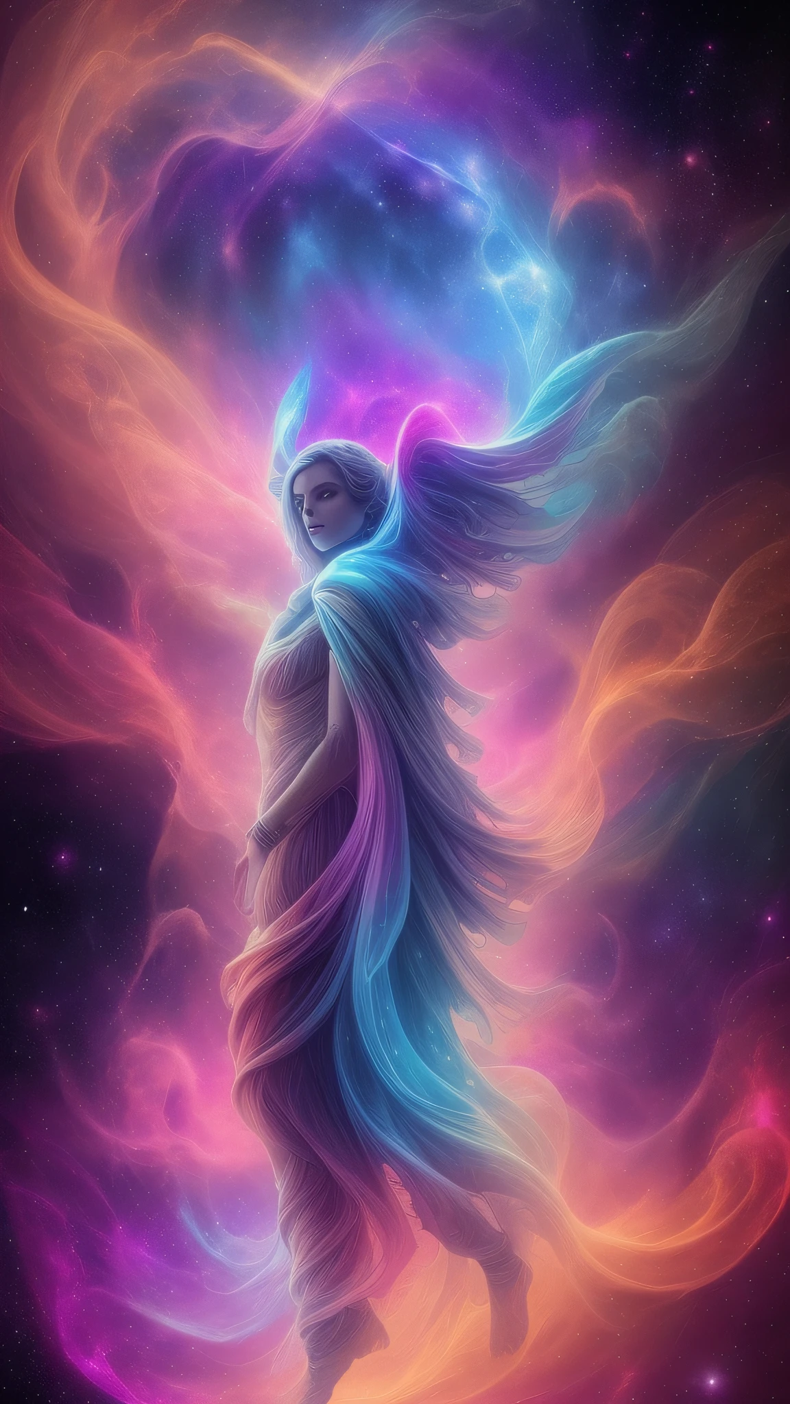 inconceivable and spectacular a scene of emergence of a figure from the glowing cloud, fractal nebula threads, cosmic entities, celestial, cosmic, vibrant and vivid, swirls, twirling, unrealistic, high contrast, symobolism, magical, mystical, mystifying, hyperrealistic, oversaturate, colorfully