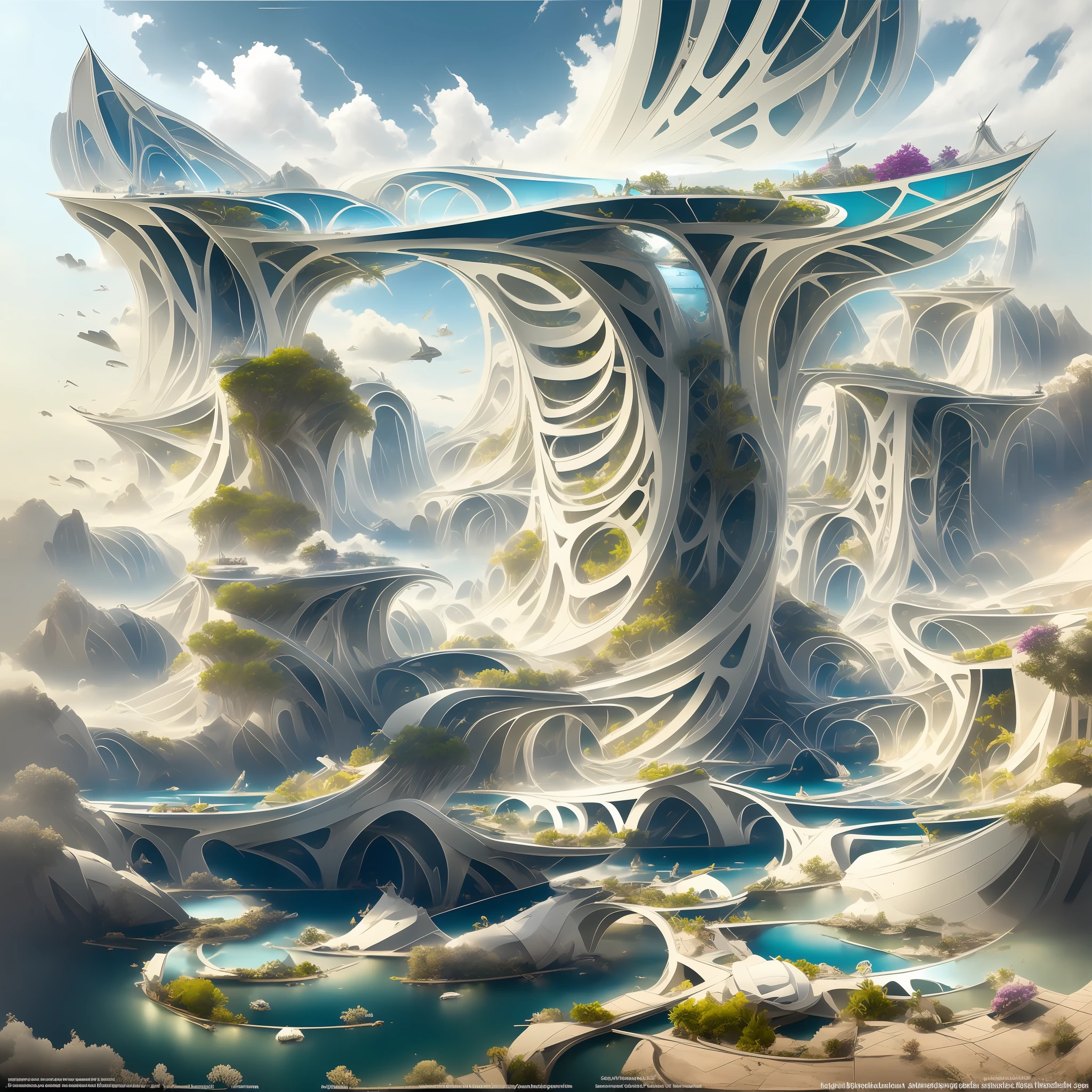 Airbrush drawing --v 5.1 style Futuristic design of an awesome sunny day environment concept art on a futuristic terrain with huge waterfalls,streams, mangroves,nature architecture, proportional,detailed,bright clouds, nature meets futuristic architecture by Santiago Calatrava and Vincent Callebaut with futuristic development, high rise made up staircases, balconies, full of composite glass facades, residential spaces carved from cliff side ,trending on artstation, beautiful lighting,In the style , fantasy, intricate, award winning, 4k, highest quality