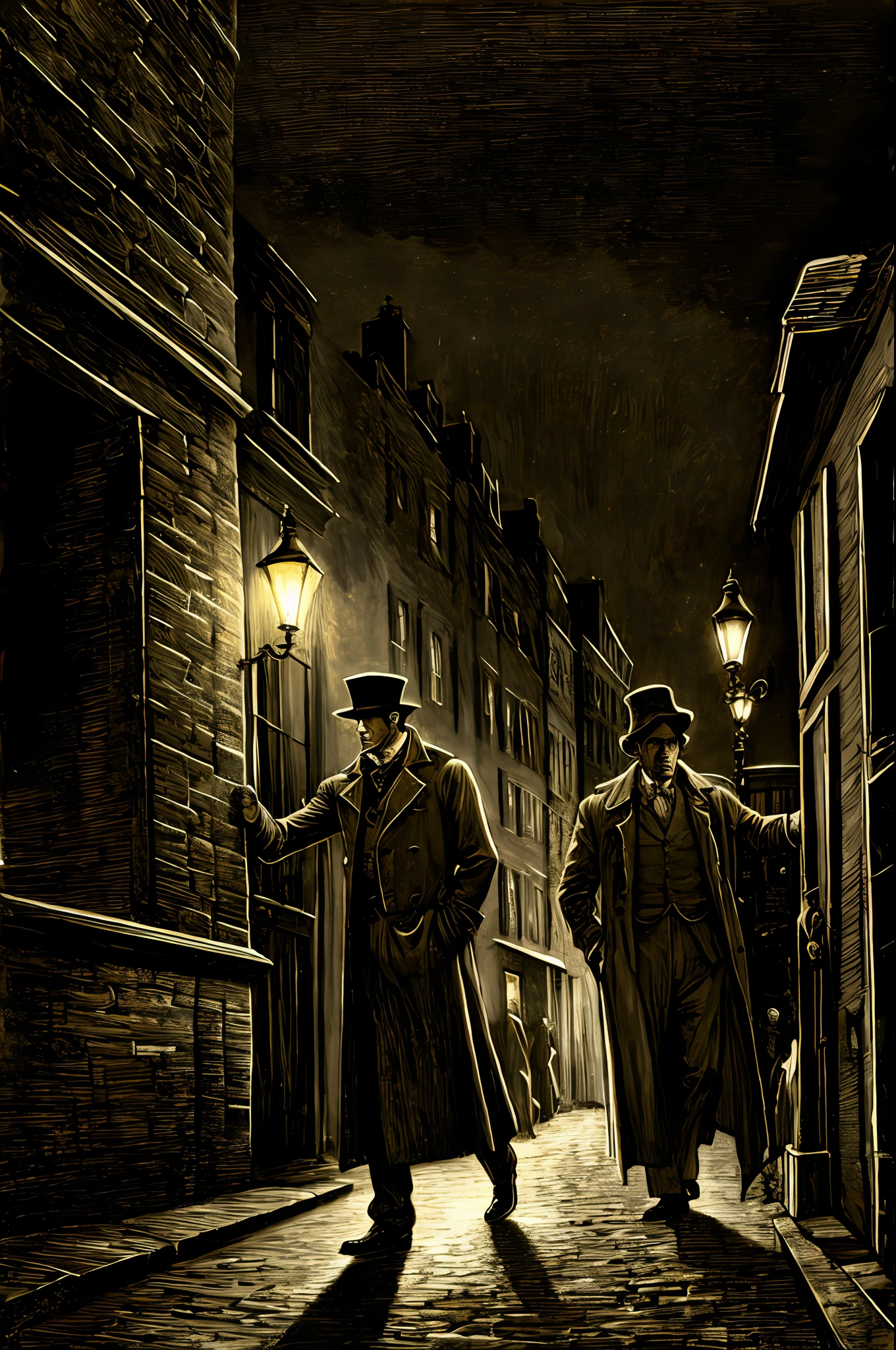 gustavedore draw style , realistic illustration of a detective  wearing (trench coat:1.1) and hat , in a victorian london city at night,  epic lighting, cinematic lighting,  high res, (detailed image:1), insane details,   (highly detailed:1.2)