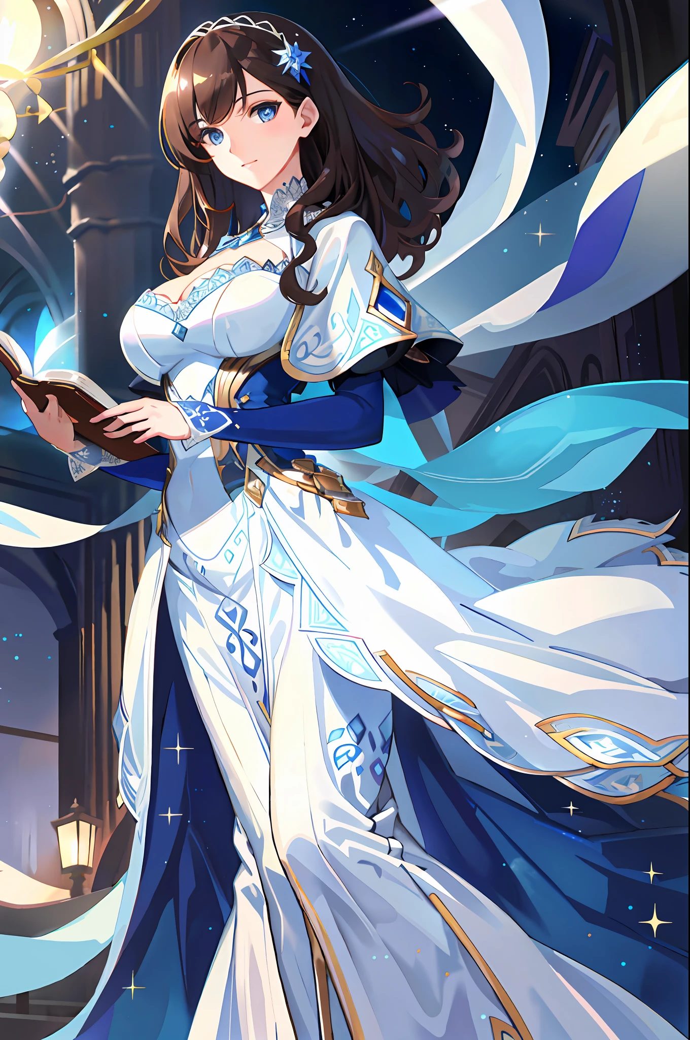 A detailed curly brunette, elegant face, detailed sparkling blue eyes, wearing a detailed white dress, holding a detailed book,