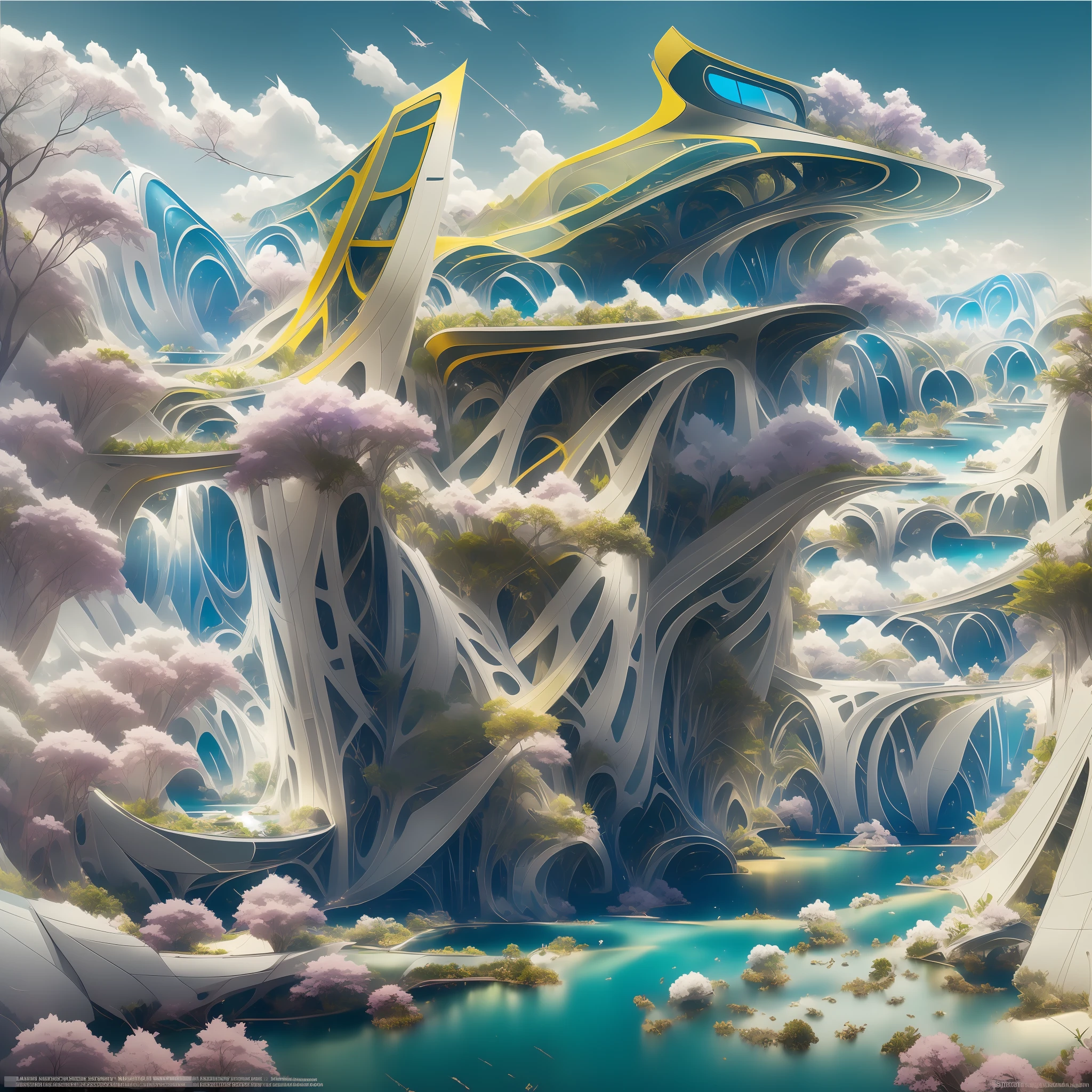Airbrush drawing --v 5.1 style Futuristic design of an awesome sunny day environment concept art on a futuristic terrain with huge waterfalls,streams, mangroves,nature architecture, proportional,detailed,bright clouds, nature meets futuristic architecture by Santiago Calatrava and Vincent Callebaut with futuristic development, high rise made up staircases, balconies, full of composite glass facades, residential spaces carved from cliff side ,trending on artstation, beautiful lighting,In the style , fantasy, intricate, award winning, 4k, highest quality