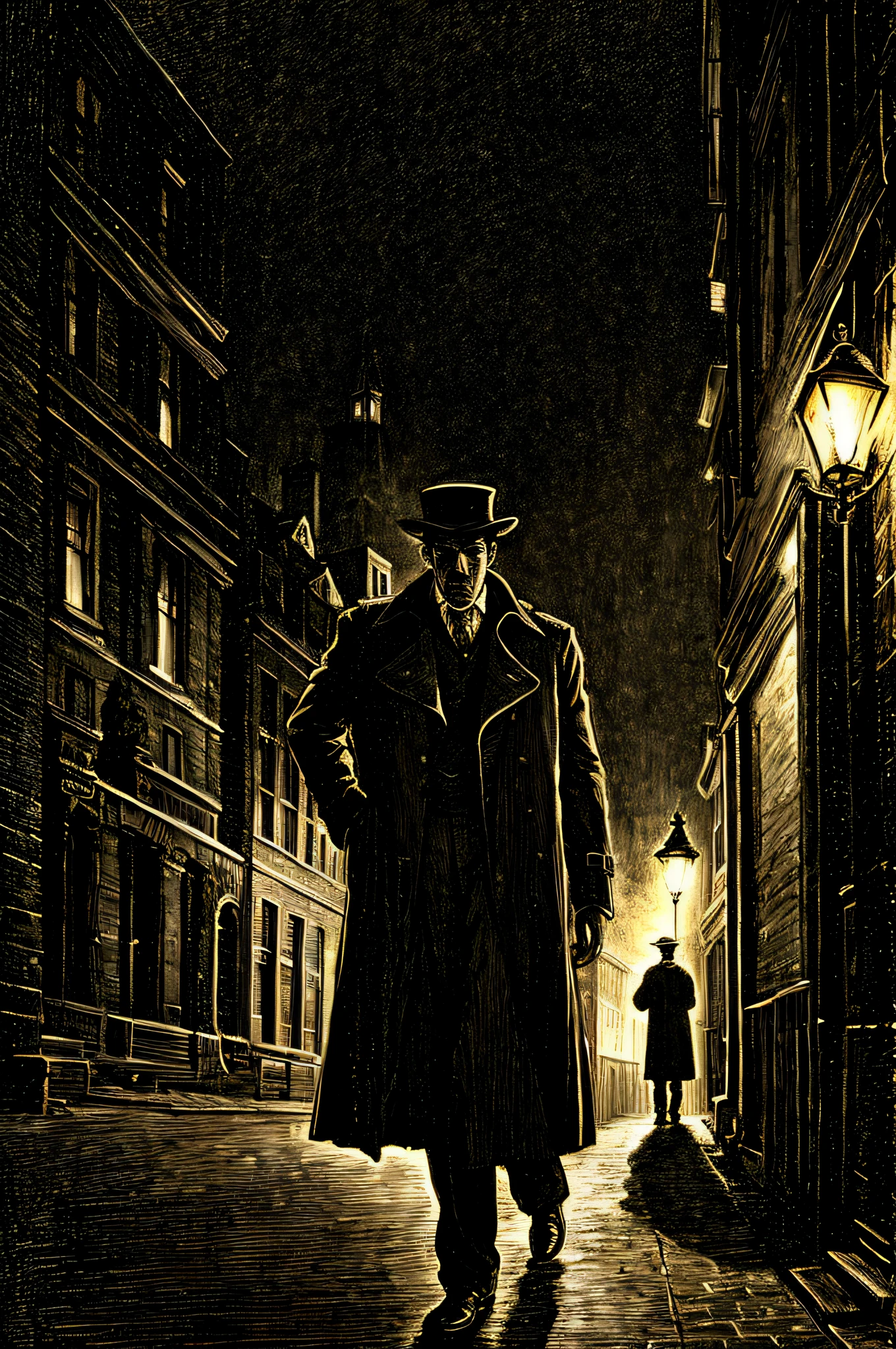 gustavedore draw style , realistic illustration of a detective  wearing (trench coat:1.1) and hat , in a victorian london city at night,  epic lighting, cinematic lighting,  high res, (detailed image:1), insane details,   (highly detailed:1.2)