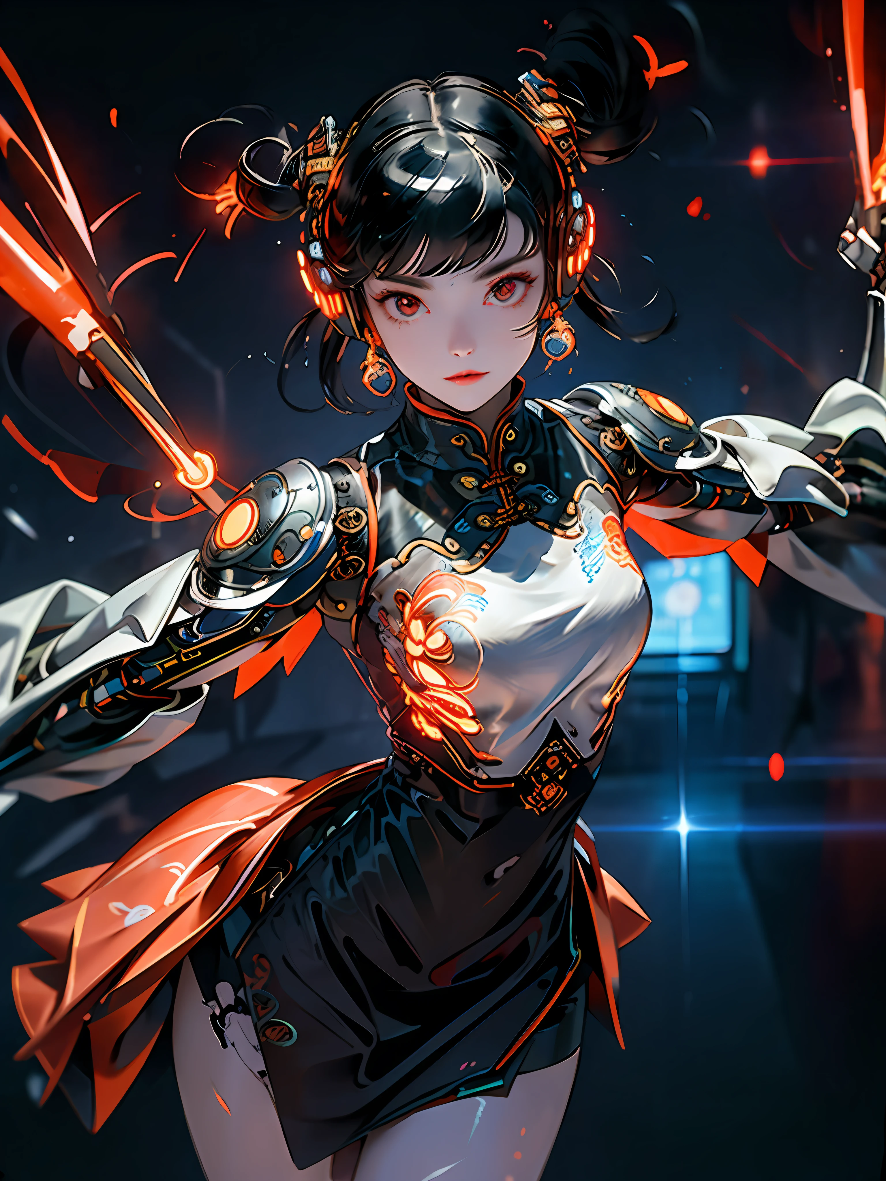 1 girl, Chinese_clothes, metallic black titanium and orange, cyberhan, cheongsam, cyberpunk city, dynamic pose, detailed luminous headphones, glowing hair accessories, long hair, luminous earrings, glowing necklace, cyberpunk, high-tech city, full of mechanical and futuristic elements, futurism, technology, glowing neon, orange, orange light, fluorescent orange, skirt, cape, coat, laser, digital background, urban sky, big moon, with vehicle, best quality, masterpiece, 8K, Character edge light, super high detail, high quality, the most beautiful woman in human beings, slight smile, face facing front left and right symmetry, ear decoration, beautiful pupils, light effects, visual data, pick and dye orange, dye hair, super detail facial texture, happy and proud, weapon system, mecha style, crowded street passers-by, full body in camera, infinite zoom, super light and shadow, various poses, long hair flowing, glowing boots