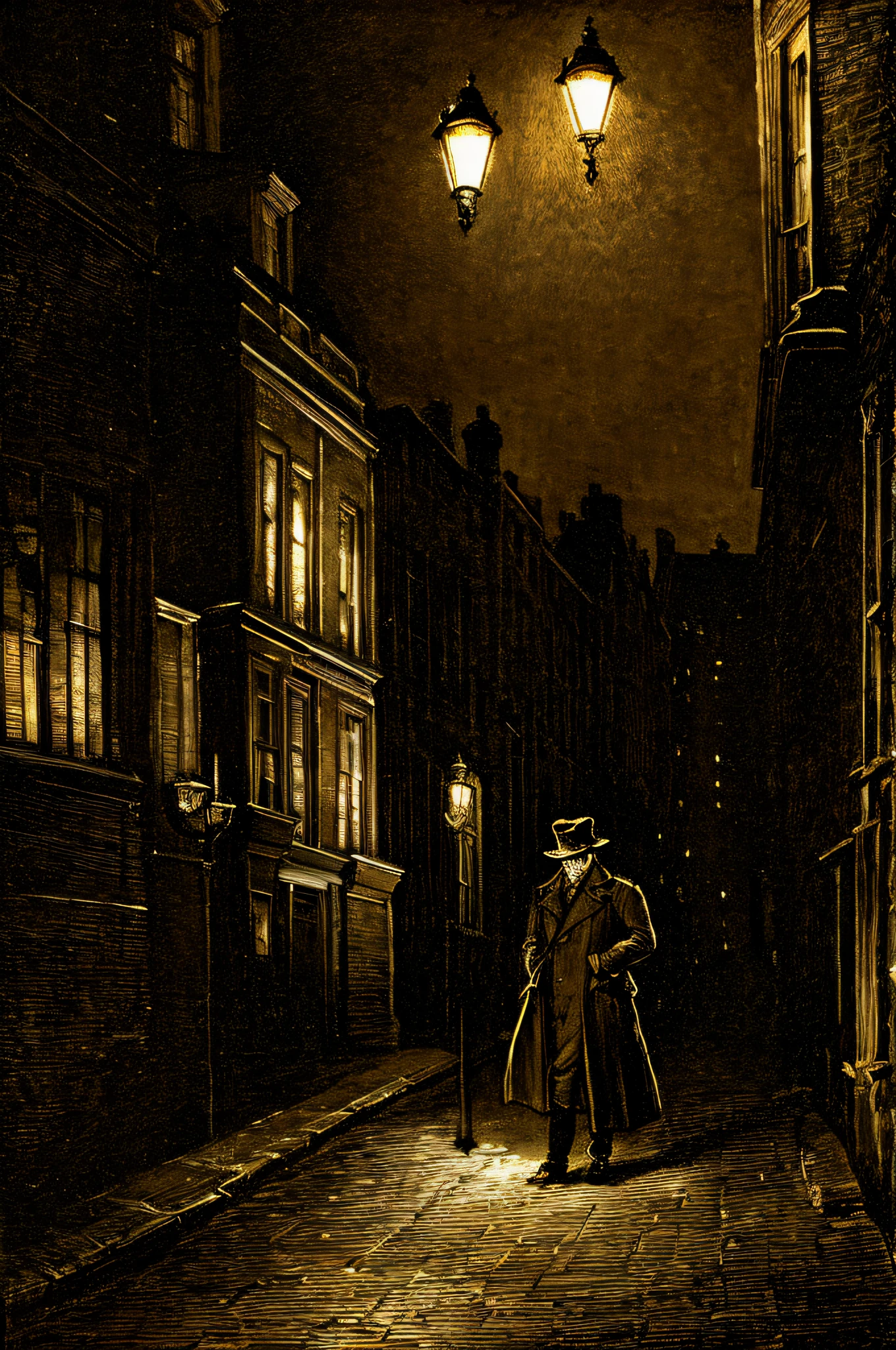 gustavedore draw style , realistic illustration of a detective  wearing (trench coat:1.1) and hat , in a victorian london city at night,  epic lighting, cinematic lighting,  high res, (detailed image:1), insane details,   (highly detailed:1.2)