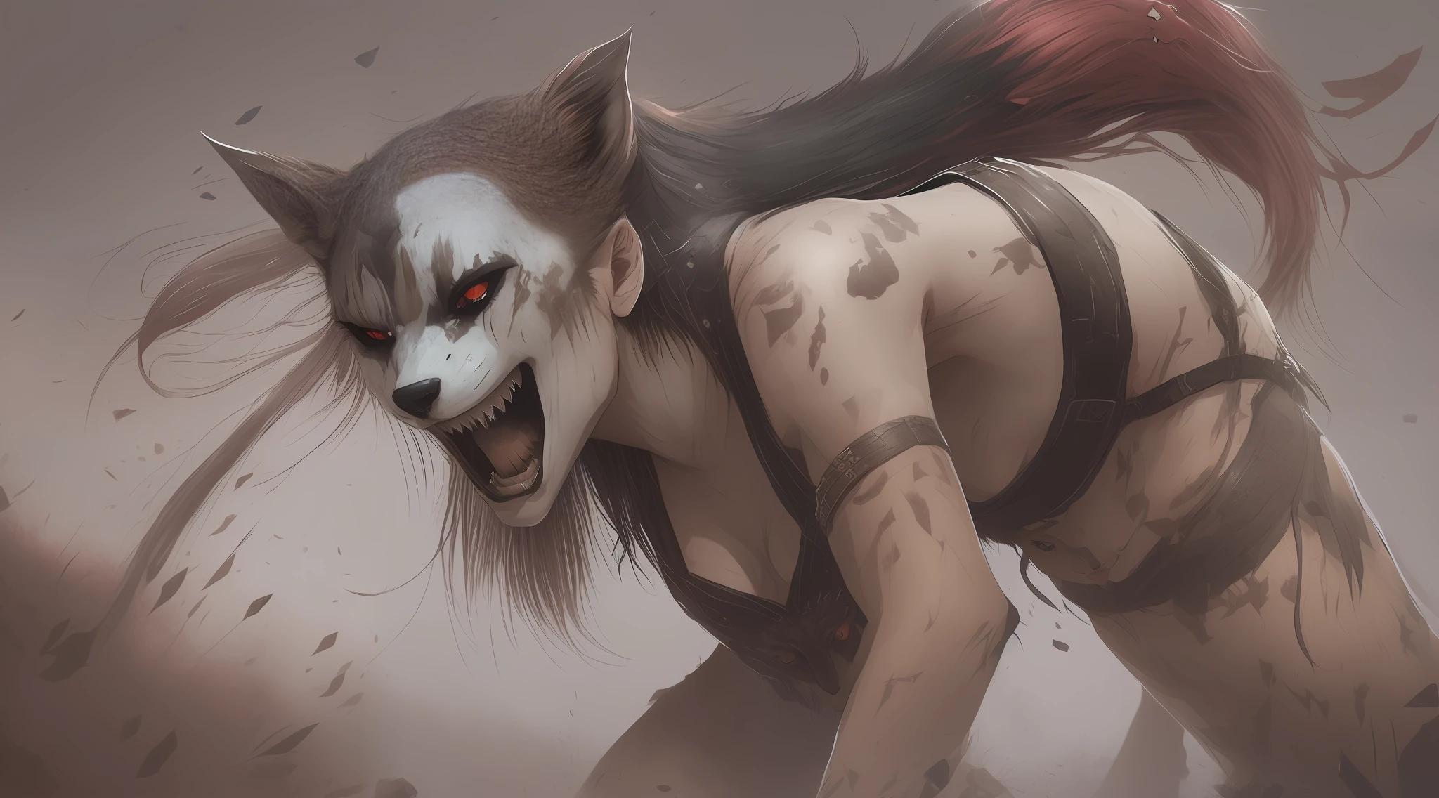 arafed woman with a bloody face and red hair is in a body of mud, a very beautiful berserker woman, angry high moral sexy werewolf, deviantart artstation cgscosiety, inspired by Ryan Barger, cat girl, feral scene, female anthropomorphic wolf, furry fantasy art, by Shen Zhou, fan art, cgsociety contest winner!!!