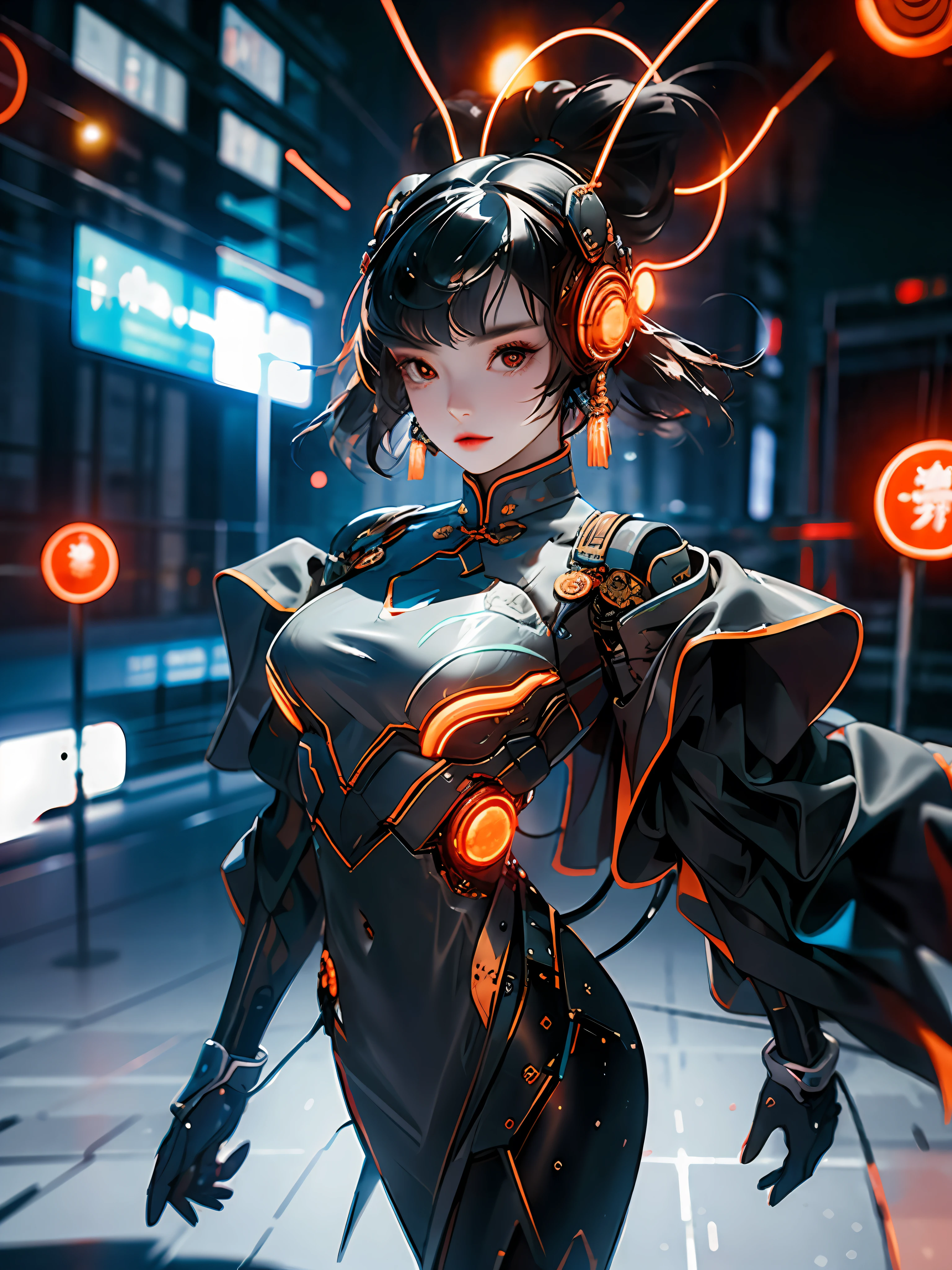 1 girl, Chinese_clothes, metallic black titanium and orange, cyberhan, cheongsam, cyberpunk city, dynamic pose, detailed luminous headphones, glowing hair accessories, long hair, luminous earrings, glowing necklace, cyberpunk, high-tech city, full of mechanical and futuristic elements, futurism, technology, glowing neon, orange, orange light, fluorescent orange, skirt, cape, coat, laser, digital background, urban sky, big moon, with vehicle, best quality, masterpiece, 8K, Character edge light, super high detail, high quality, the most beautiful woman in human beings, slight smile, face facing front left and right symmetry, ear decoration, beautiful pupils, light effects, visual data, pick and dye orange, dye hair, super detail facial texture, happy and proud, weapon system, mecha style, crowded street passers-by, full body in camera, infinite zoom, super light and shadow, various poses, long hair flowing, glowing boots