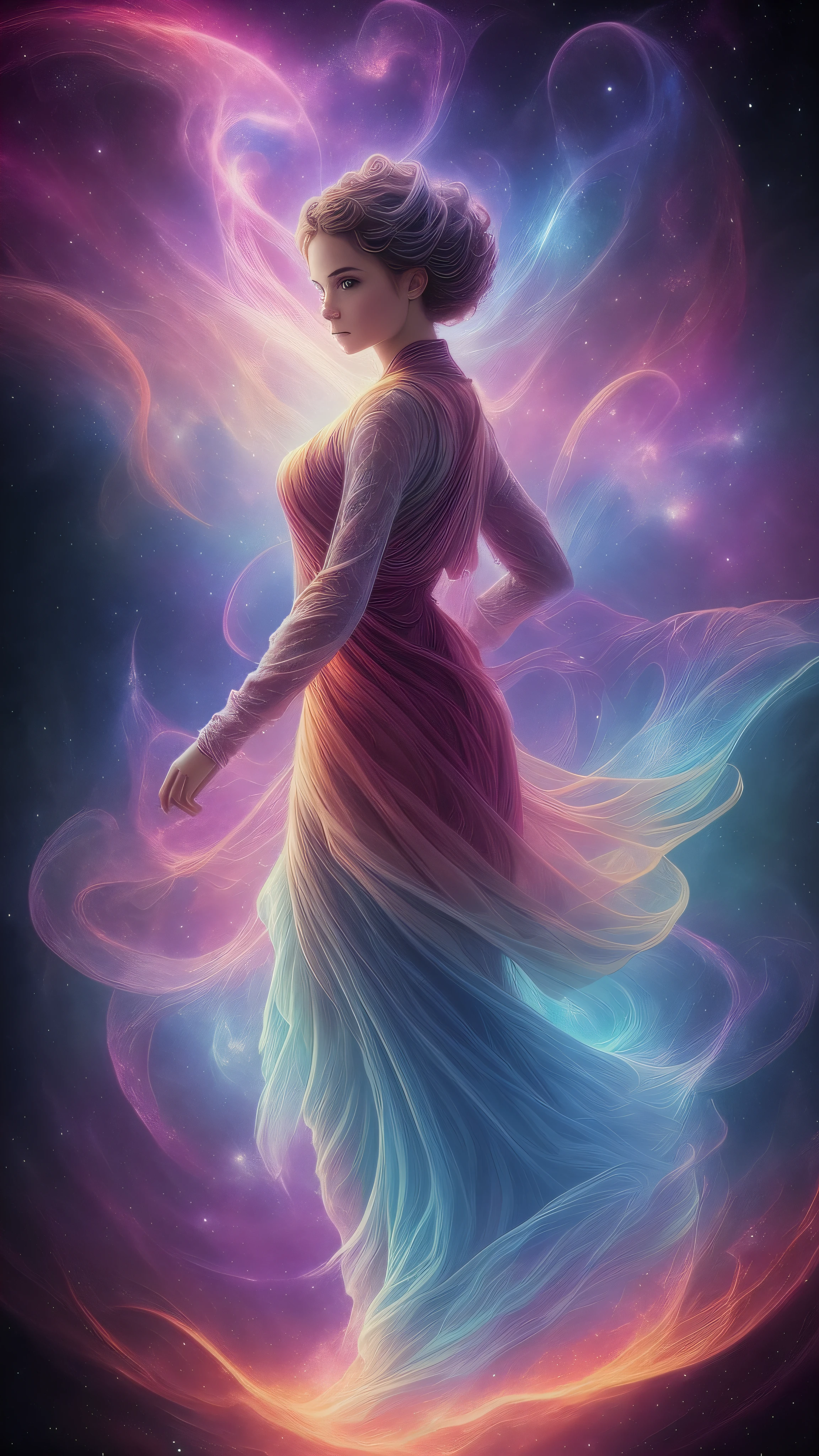 inconceivable and spectacular a scene of emergence of a figure from the glowing cloud, fractal nebula threads, cosmic entities, celestial, cosmic, vibrant and vivid, swirls, twirling, unrealistic, high contrast, symobolism, magical, mystical, mystifying, hyperrealistic, oversaturate, colorfully
