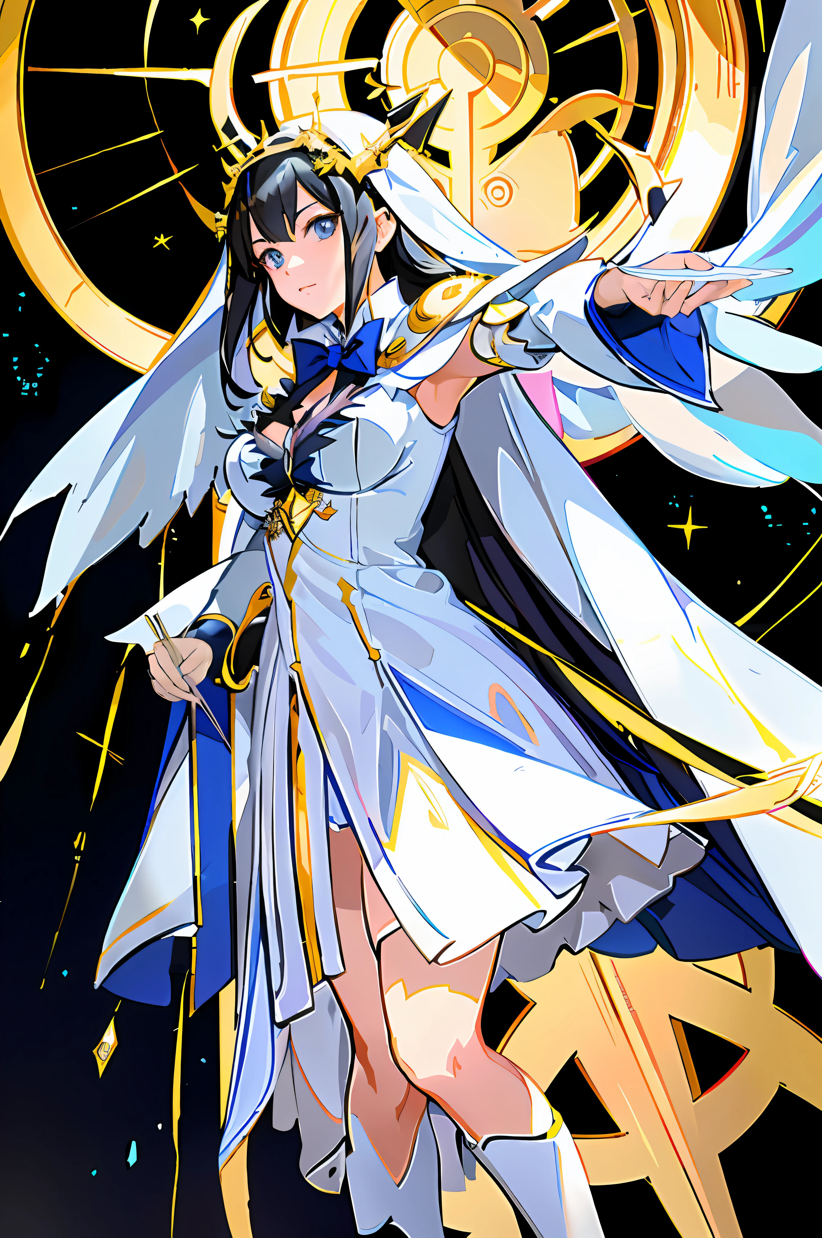 anime character with a sword and a dress with a gold clock in the background, albedo from the anime overlord, albedo from overlord, beautiful celestial mage, hestia, portrait knights of zodiac girl, angel knight girl, high detailed official artwork, kill la kill illustration, knights of zodiac girl, anime goddess, zerochan art, black - haired mage