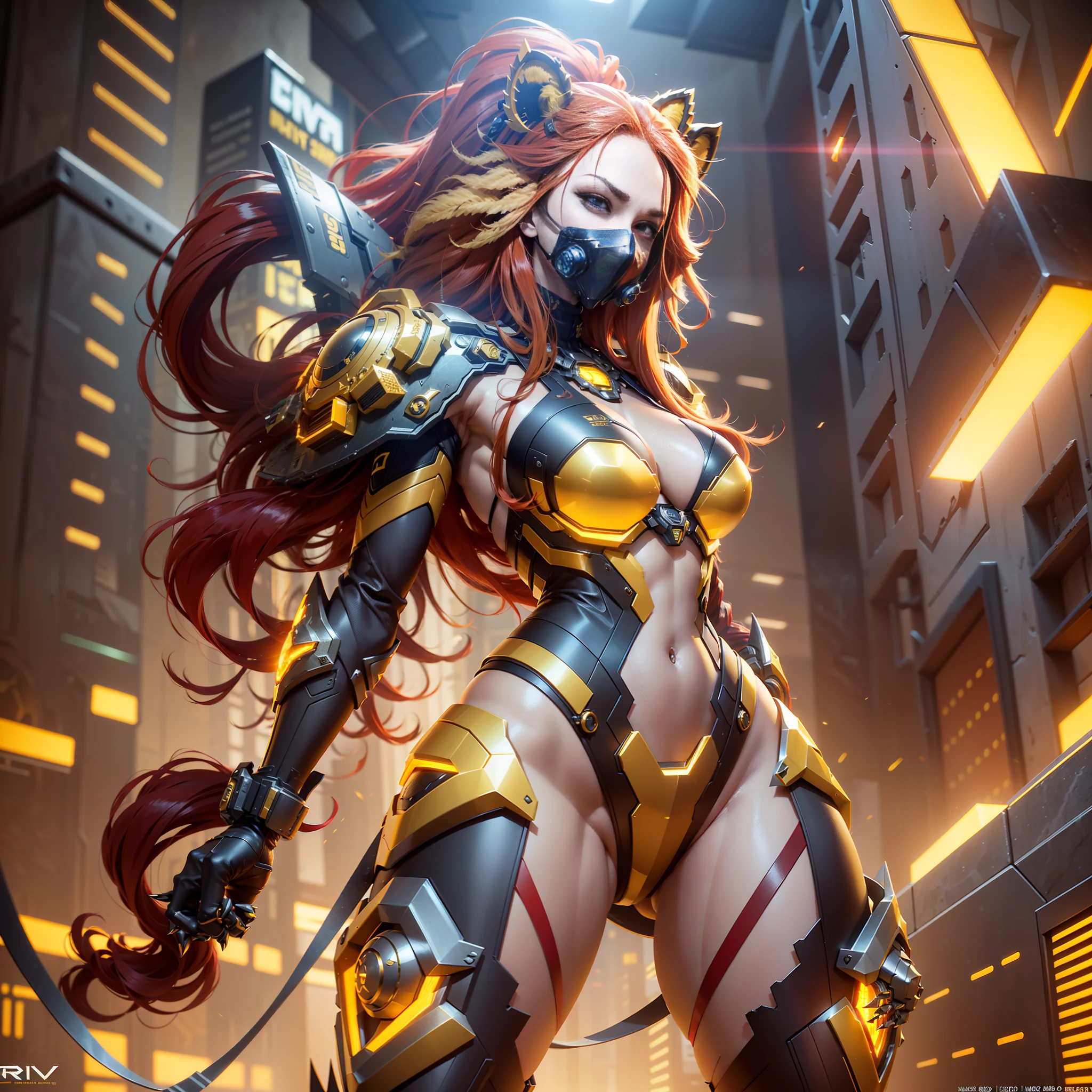 ((Best Quality)), (Masterpiece)), (Details: 1.4), 3D, ((Image of a beautiful lion woman in a golden cyberpunk suit like a cost with metal claws)), ((Dark brown skin)), (glaring gaze)), ((Lion standing hair ornament full face cyber helmet that obscures face)), Shockers Belt, (Mechanical cyberlion tail), ((Yellow Beast Style)), (((Beast Fang Detail Full Face Mask))), ((Characteristic Legs)), HDR, Ray Tracing, Super Resolution, Subsurface Scattering, PBR Texturing, Post-Processing, Anisotropic Filtering, Depth of Field, Maximum Clarity and Sharpness, Multi-Layer Textures, Albedo and Specular Maps, Surface Shading, Accurate Simulation of Light Material Interactions, Perfect Proportions, (((Red Long Hair)), Sharp Eyeliner, (Full Body)), Sharp Focus, Octane Rendering, Two-Tone Lighting, Wide Aperture, Low ISO, White Balance, Third Rule, 8K RAW, Circuit Board AI, 4k, Fog, (( Cyber Lab Background)), ((Beautiful African Woman)), ((Human Five Fingers)), (Chest Armor)), Wild Side, Jungle