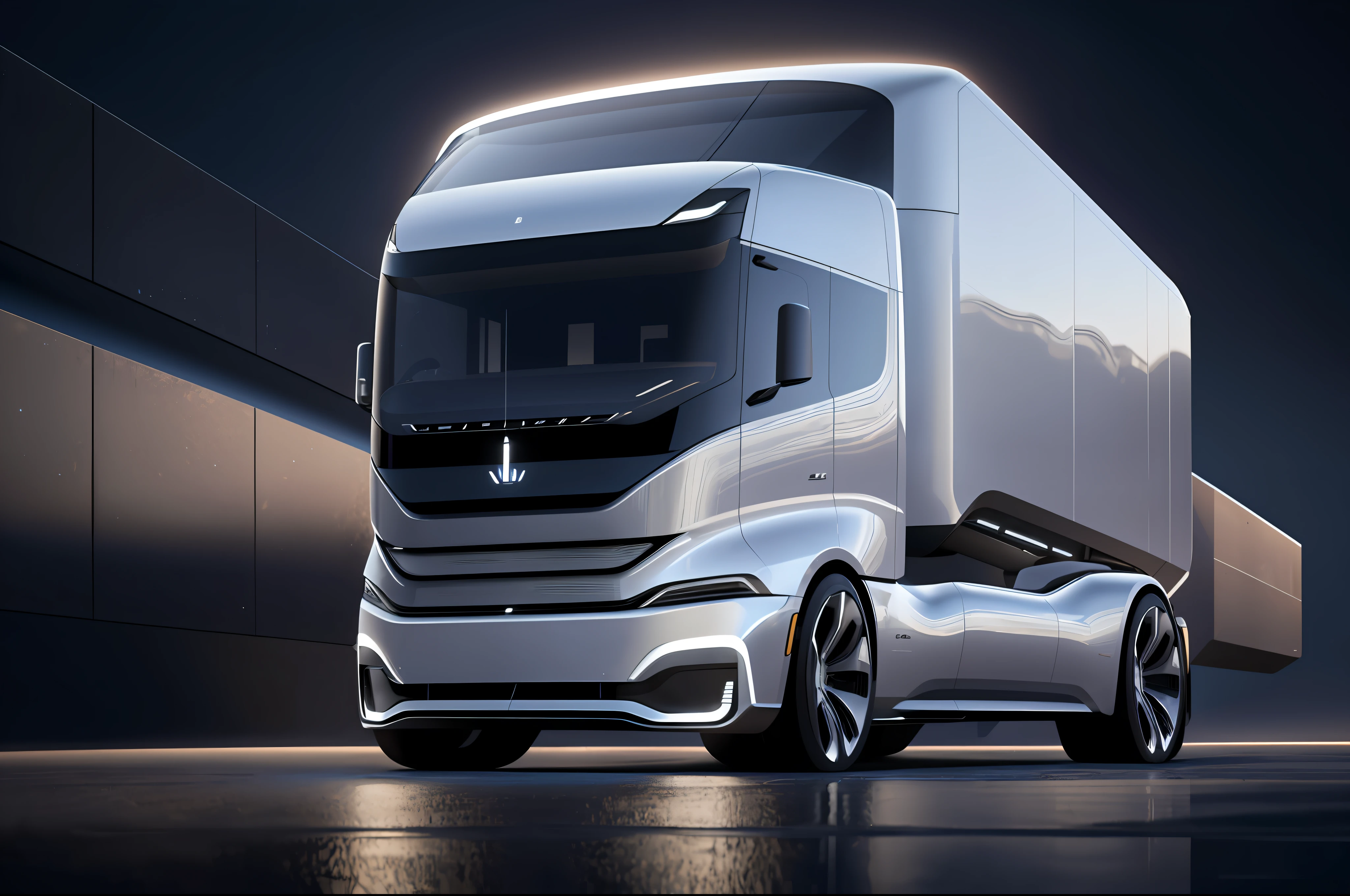 (8k, best quality, masterpiece:1.2), (realistic, photo-realistic:1.37), ultra-detailed,best quality, ultra high res, professional lighting, photon mapping, radiosity, physically-based rendering, cinematic lighting, a concept design (light commercial truck: 1.4), solo, (45° viewing angle on right: 1.1), cargo box, white paint, minimalism, electric car elements, good composition, no unnecessary lines, soundstage, global light, light background, octane rendering, wide-angle lens, eye-level shooting.