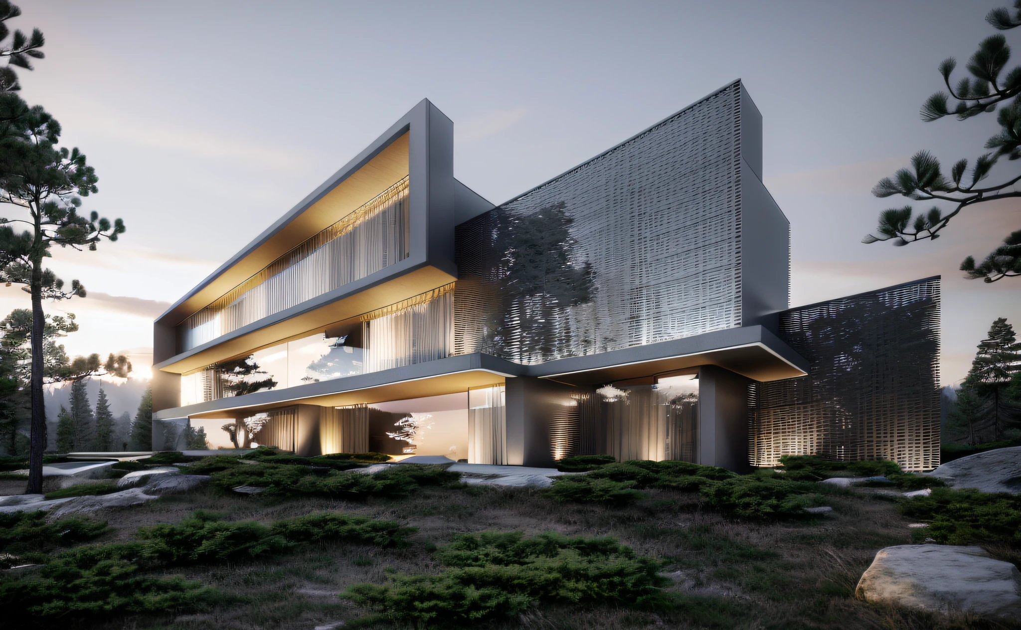 ((masterpiece, best quality)), 8k, modern architecture style, photo realistic, david chipperfield, hyper detailed photo, single box, a digital 3d render of a building, Grey building, leansflare, Forest, Sunset or dawn