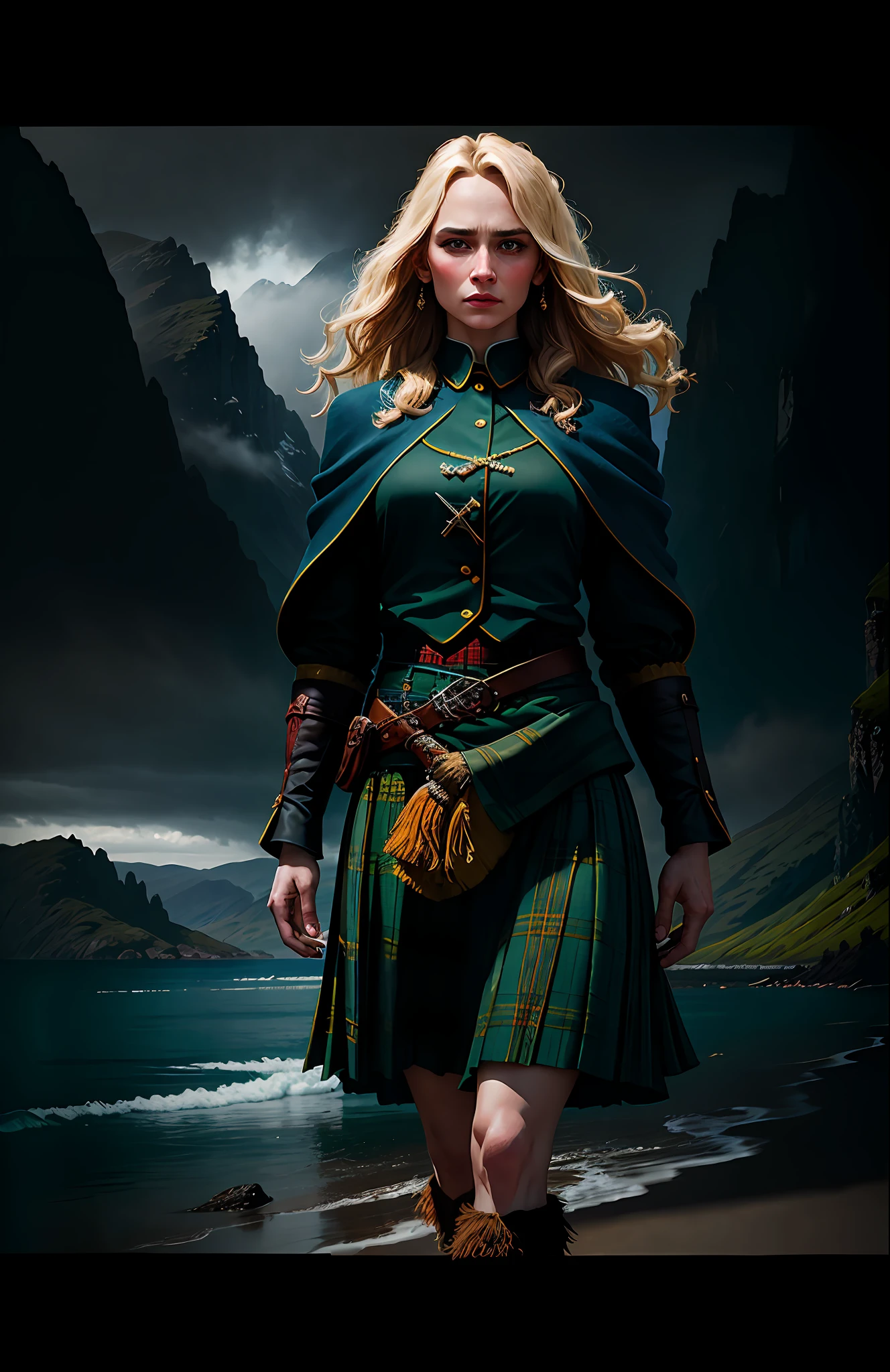 deep shadow, sinister, award winning photo, best quality, masterpiece, closeup upper body, woman, intense emotion in face, windblown blonde hair, emerald eyes, traditional Scottish dress by Jeremy Lipking, by Antonio J. Manzanedo, by lee jeffries nikon d850 film stock photograph 4 kodak portra 400 camera f1.6 lens rich colors hyper realistic lifelike texture dramatic lighting unreal engine trending on artstation cinestill 800, fisheye lens, Style-Kilt, windy beach, scottish loch, forest