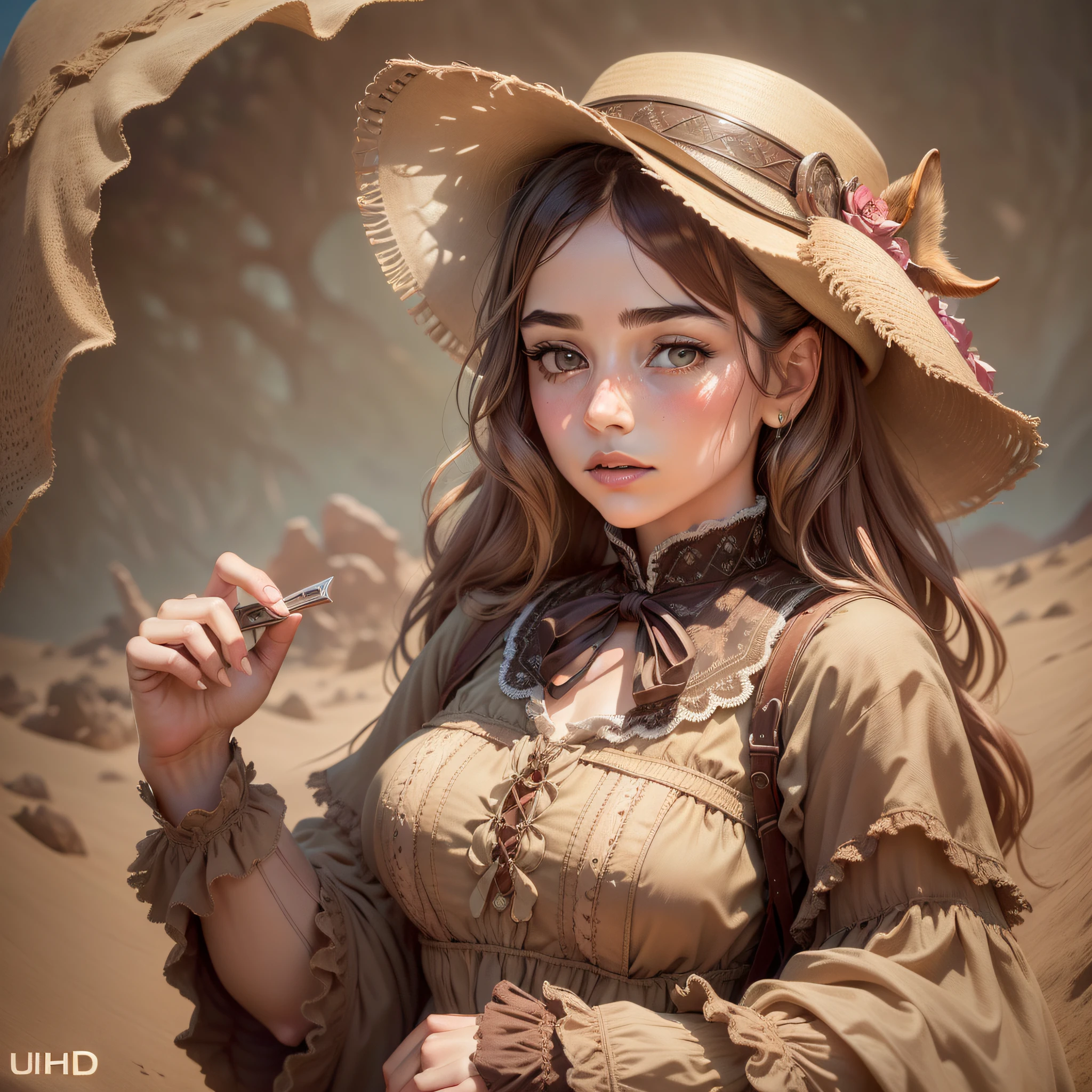 ((uhd image:1.1),(feminine imagery:1.1),desert), cowboy hat, social media portraiture, earthy tones, victorian-era clothing, mixed patterns, (fawncore:1.3), (ar 3:2:1.2)
