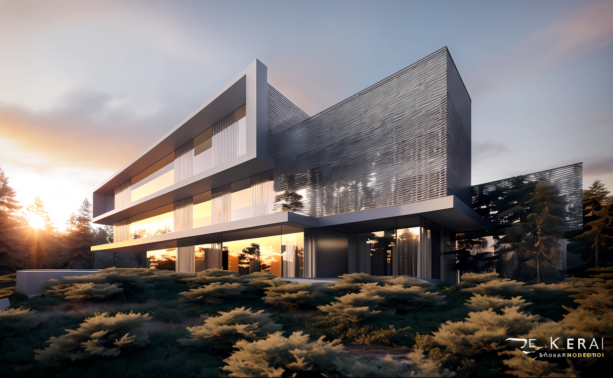((masterpiece, best quality)), 8k, modern architecture style, photo realistic, david chipperfield, hyper detailed photo, single box, a digital 3d render of a building, Grey building, leansflare, Forest, Sunset or dawn