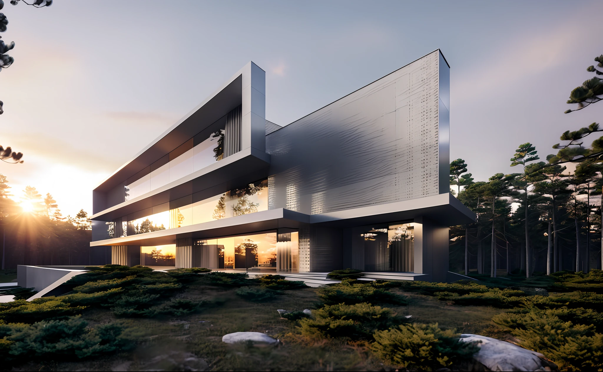 ((masterpiece, best quality)), 8k, modern architecture style, photo realistic, david chipperfield, hyper detailed photo, single box, a digital 3d render of a building, Grey building, leansflare, Forest, Sunset or dawn
