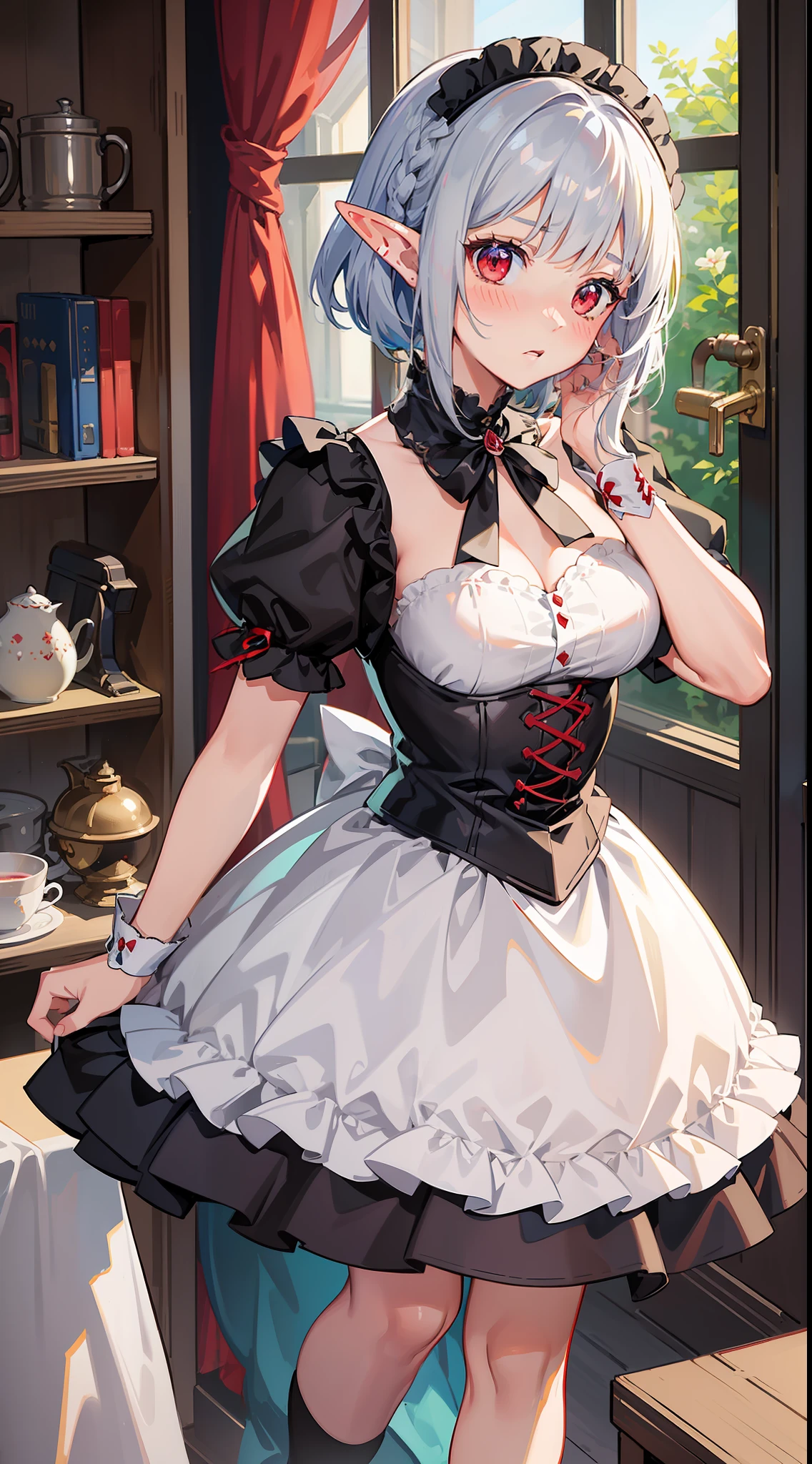 1 Girl's full body, elf, silver hair, red eyes, bob cut, braid, maid outfit, long skirt, indoor, (facing forward), (putting both hands on their face)), (surprised), (blush), concept art, beautiful anime scene, beautiful anime scenery, top rating on pixiv, top quality, 4K