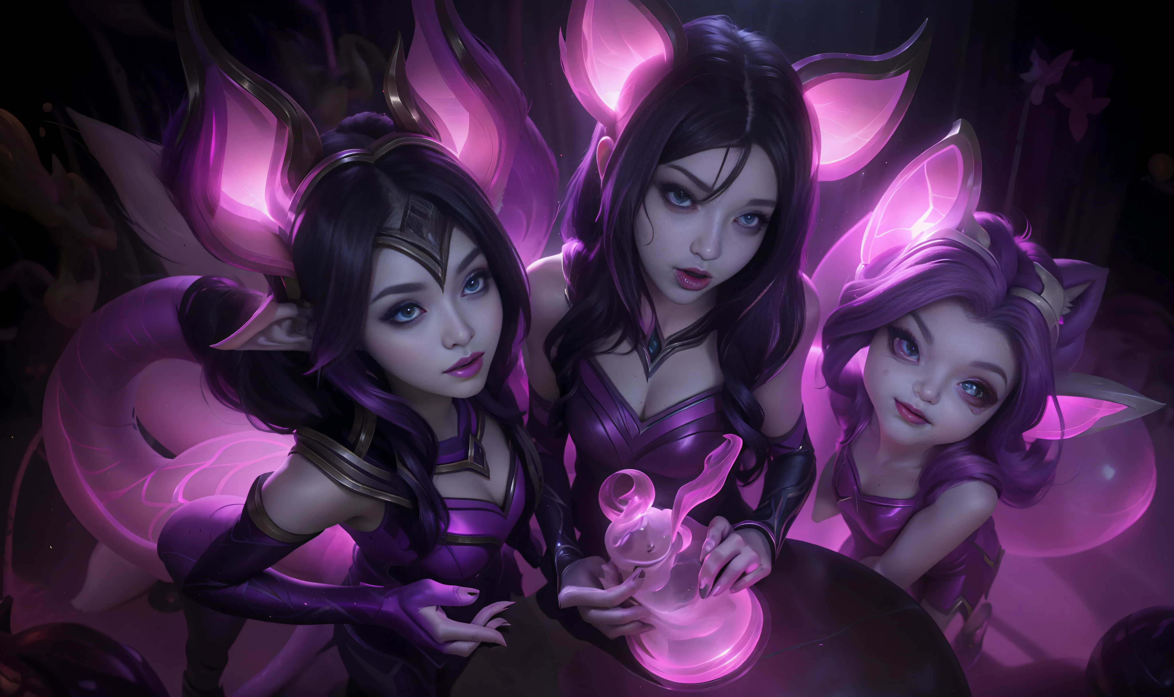 A Splash Art, Ahri from League of Legends, with the Void concept, purple and pink tones, dark light, low light, dark concept, corrupted, darkness, empress, kitsune, Void Kitsune, Void Monster, ahri full body, full art, league of legends splash art, sakimichan style, Jeremy Anninos style, (One person only)