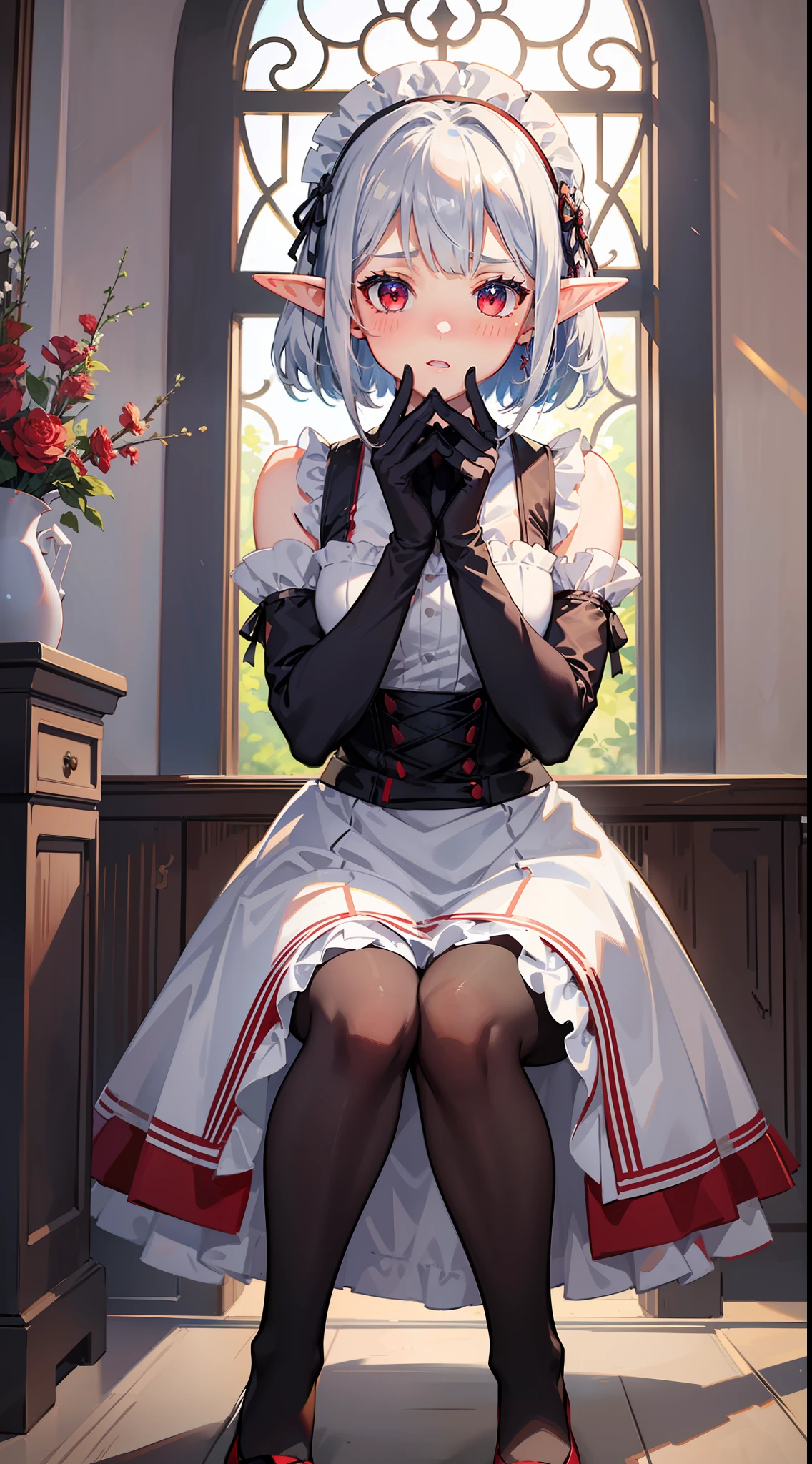 1 Girl's full body, elf, silver hair, red eyes, bob cut, braid, maid outfit, long skirt, indoor, (facing forward), (putting both hands on their face)), (surprised), (blush), concept art, beautiful anime scene, beautiful anime scenery, top rating on pixiv, top quality, 4K