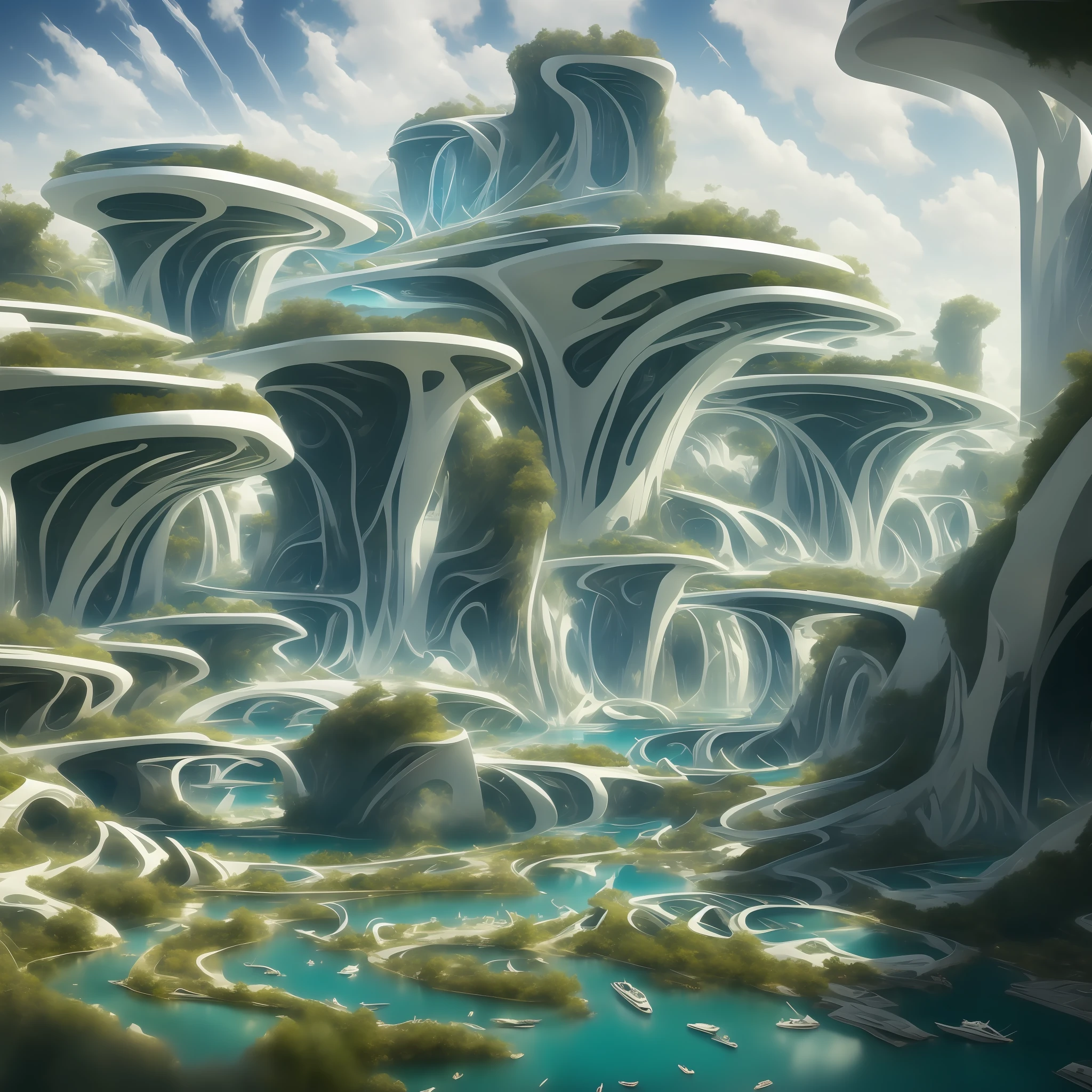 Airbrush drawing --v 5.1 style Futuristic design of an awesome sunny day environment concept art on a futuristic terrain with huge waterfalls,streams, mangroves,nature architecture, proportional,detailed,bright clouds, nature meets futuristic architecture by Santiago Calatrava and Vincent Callebaut with futuristic development, high rise made up staircases, balconies, full of composite glass facades, residential spaces carved from cliff side ,trending on artstation, beautiful lighting,In the style , fantasy, intricate, award winning, 4k, highest quality