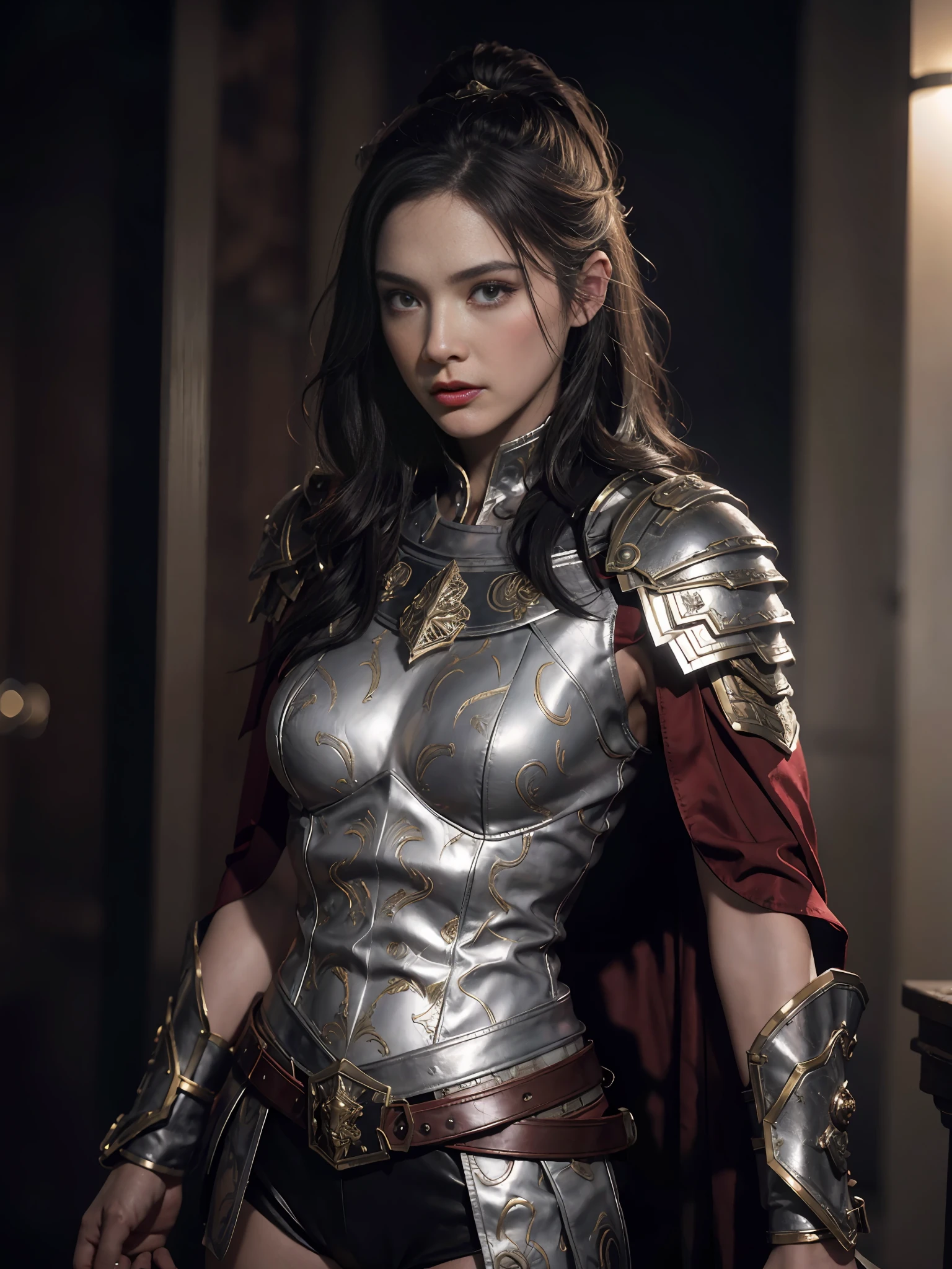 1girl, solo, female roman warrior with red helmet and cape, long black hair, angry, extremely beautiful girl, subtle makeup, silver hour, photorealistic, high contrast, 8k HD, detailed, hyper-detailed, realistic skin texture, blonde hair, huge chest, neckline, best quality, ultra high res, raw photo, dramatic lighting, unreal engine, intricate diffuse glow and silver tab, black cape, battlefield,  Standing