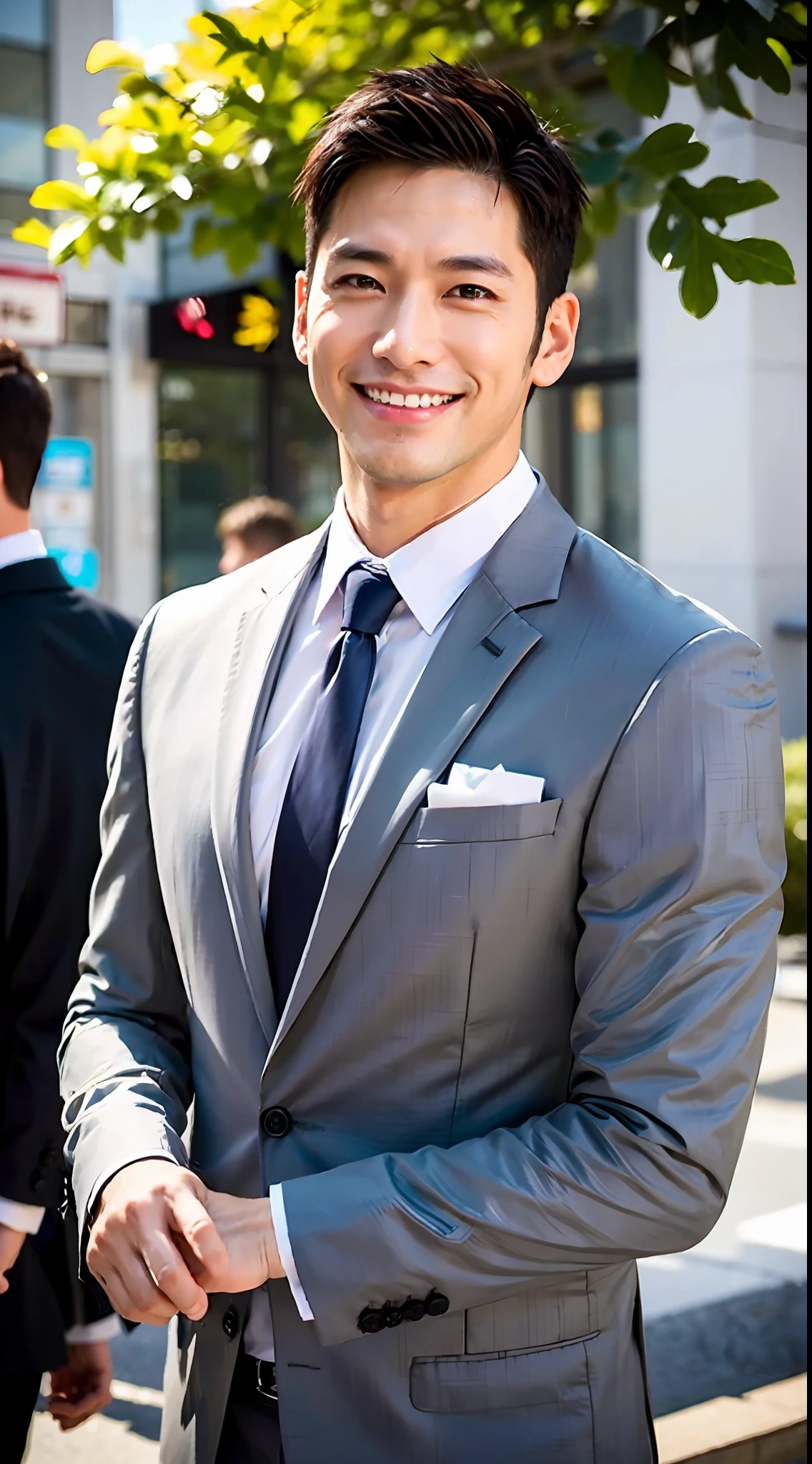 1boy, 35 years old Japanese male, (male:1.5), gray eyes, squint, (very short hair: 1.3), under_cut, ((shirt)), ((suit)), (handsome, sharp) , smile,))), (stout muscles), (stout physique), SFW, outdoors, detailed background, modern urban,