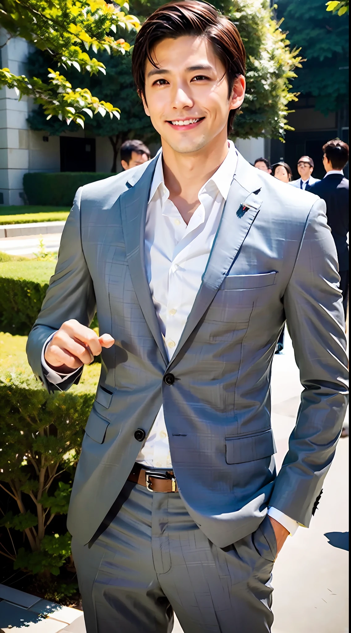 1boy, 35 years old Japanese male, (male:1.5), gray eyes, squint, (very short hair: 1.3), under_cut, ((shirt)), ((suit)), (handsome, sharp) , smile,))), (stout muscles), (stout physique), SFW, outdoors, detailed background, modern urban,