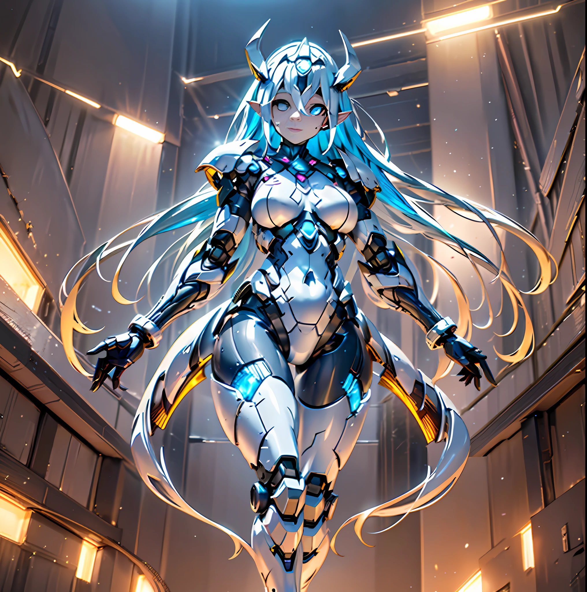 (Dark Environment: 2.0) Enclosed room, a young woman's armor with intoxicating curves, enchanting charm, and full breasts, with a high degree of anthropomorphism. The armor is not installed except for the limbs and feet, the armored body is composed of a human body wearing a white tight-fitting one-piece leather suit, the armor color is white, the surface of the body is decorated with random symmetrical blue gemstones, the face of the character is completely replaced by the mecha mask, the mecha body is parasitized by tentacles, only one armor is rendered, and there is no other armor in the picture,