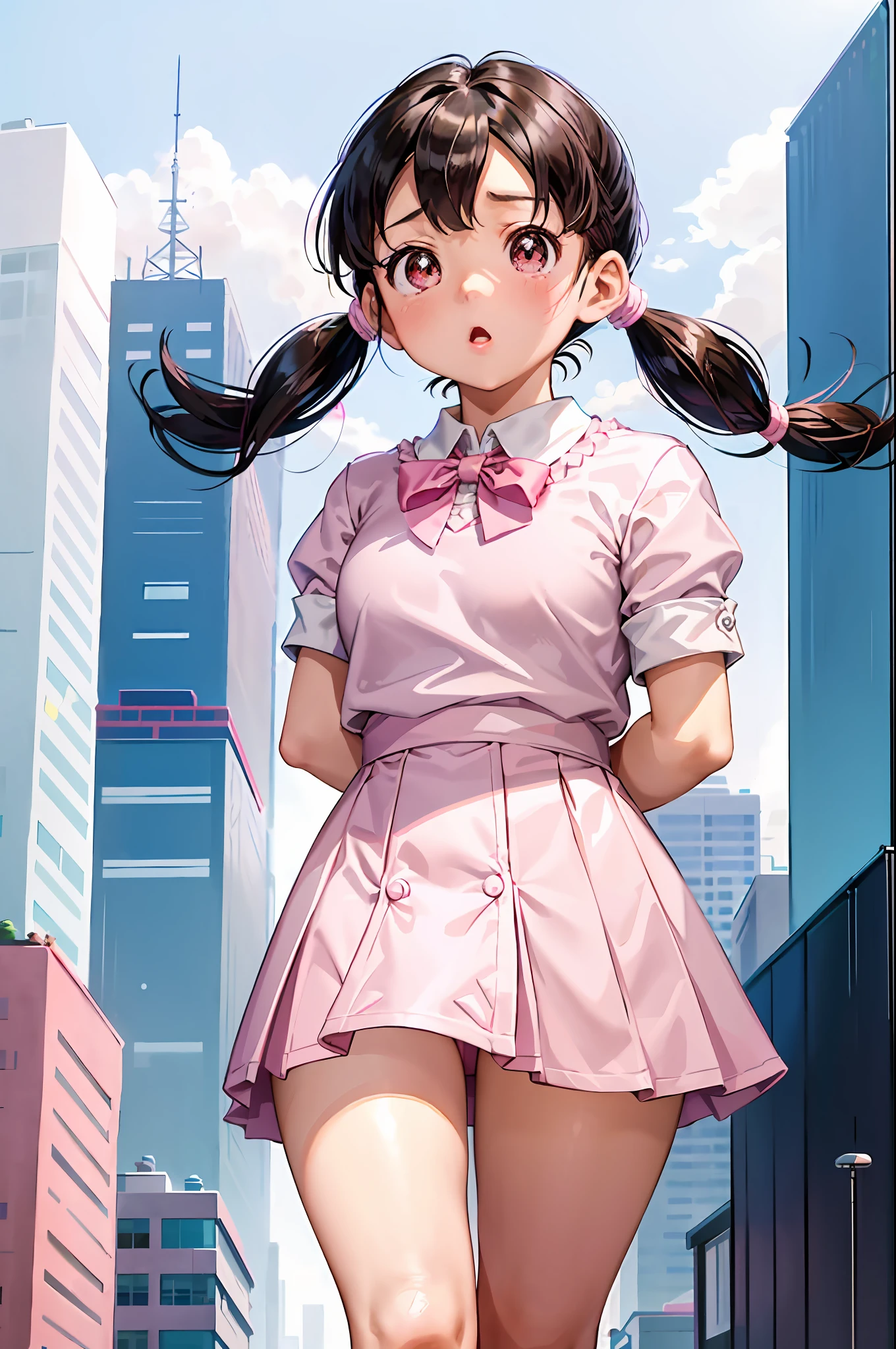 1 girl, minamoto_shizuka, bangs, (((short twin tails)))), high school student, loli, 18 years old, pink top, pink mini skirt, white socks, white panties, (surprised face), ( (towering, towering giant girl))))), city of miniatures, skyscrapers