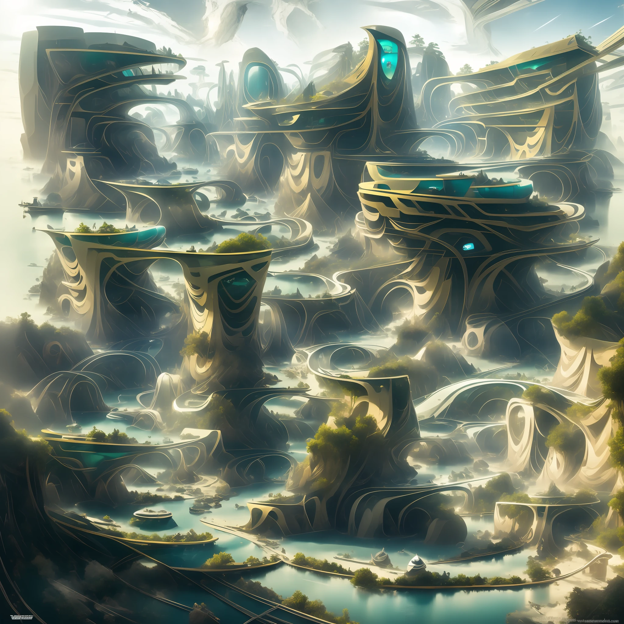 Airbrush drawing --v 5.1 style Futuristic design of an awesome sunny day environment concept art on a futuristic terrain with huge waterfalls,streams, mangroves,nature architecture, proportional,detailed,bright clouds, nature meets futuristic architecture by Santiago Calatrava and Vincent Callebaut with futuristic development, high rise made up staircases, balconies, full of composite glass facades, residential spaces carved from cliff side ,trending on artstation, beautiful lighting,In the style , fantasy, intricate, award winning, 4k, highest quality