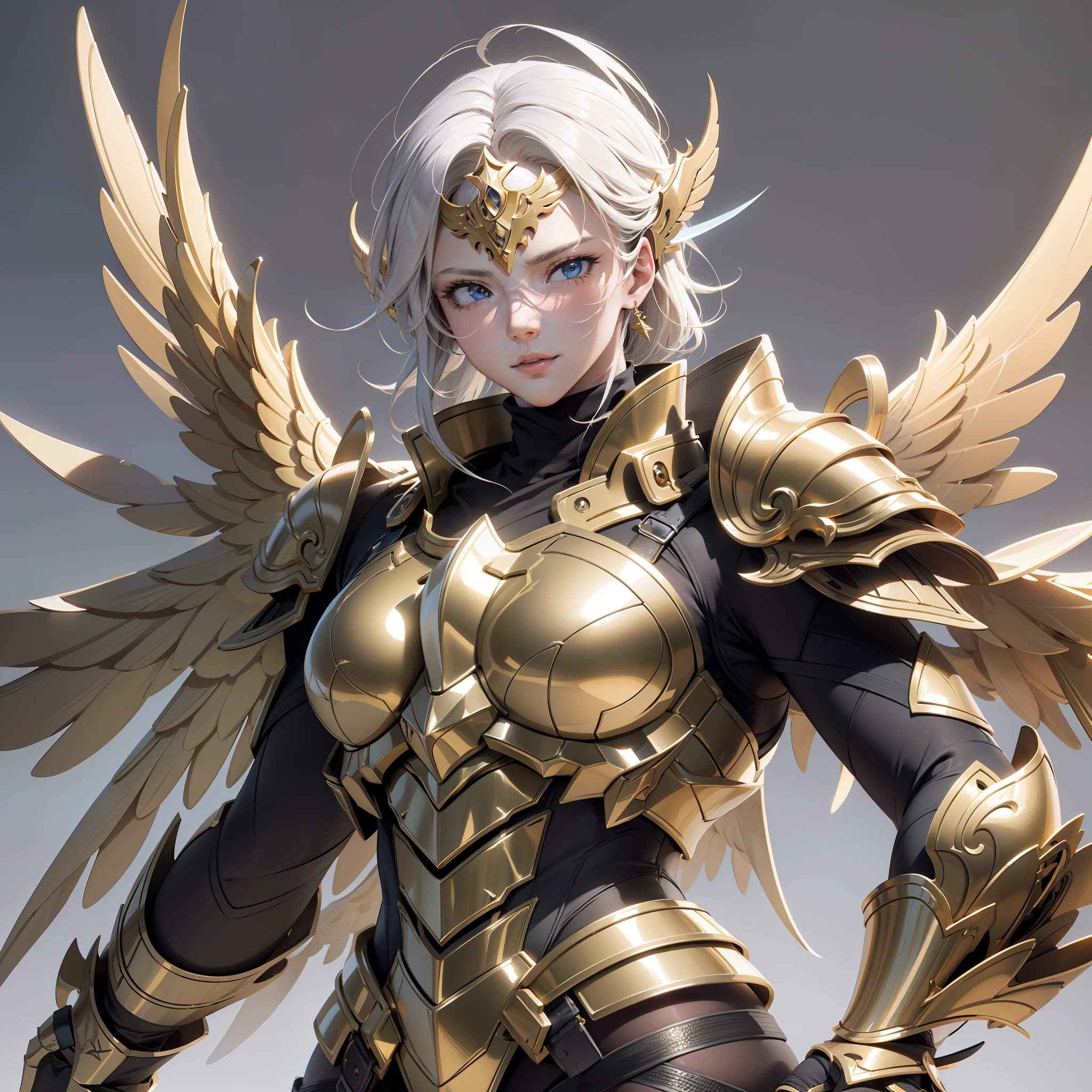 An angel warrior, (with a pair of golden wings on his back), ((metal wings)), ((golden armor)), high detail, (beautiful face), perfect facial features, golden hair, golden sword, indifferent, arrogant, invincible, atmospheric, macro, realistic, HDR (high dynamic range), ray tracing, NVIDIA RTX, super resolution, Unreal 5, subsurface scattering, post-processing, anisotropic filtering, depth of field, maximum sharpness and sharpness, Albedo and Specular Mapping, Surface shading, Accurately Simulating Light-Material Interactions, Perfect Proportions, Octane Render, Duotone Lighting, Large Aperture, Low ISO, White Balance, Rule of Thirds, 8K RAW, High Efficiency Sub-Pixel, Subpixel Convolution,