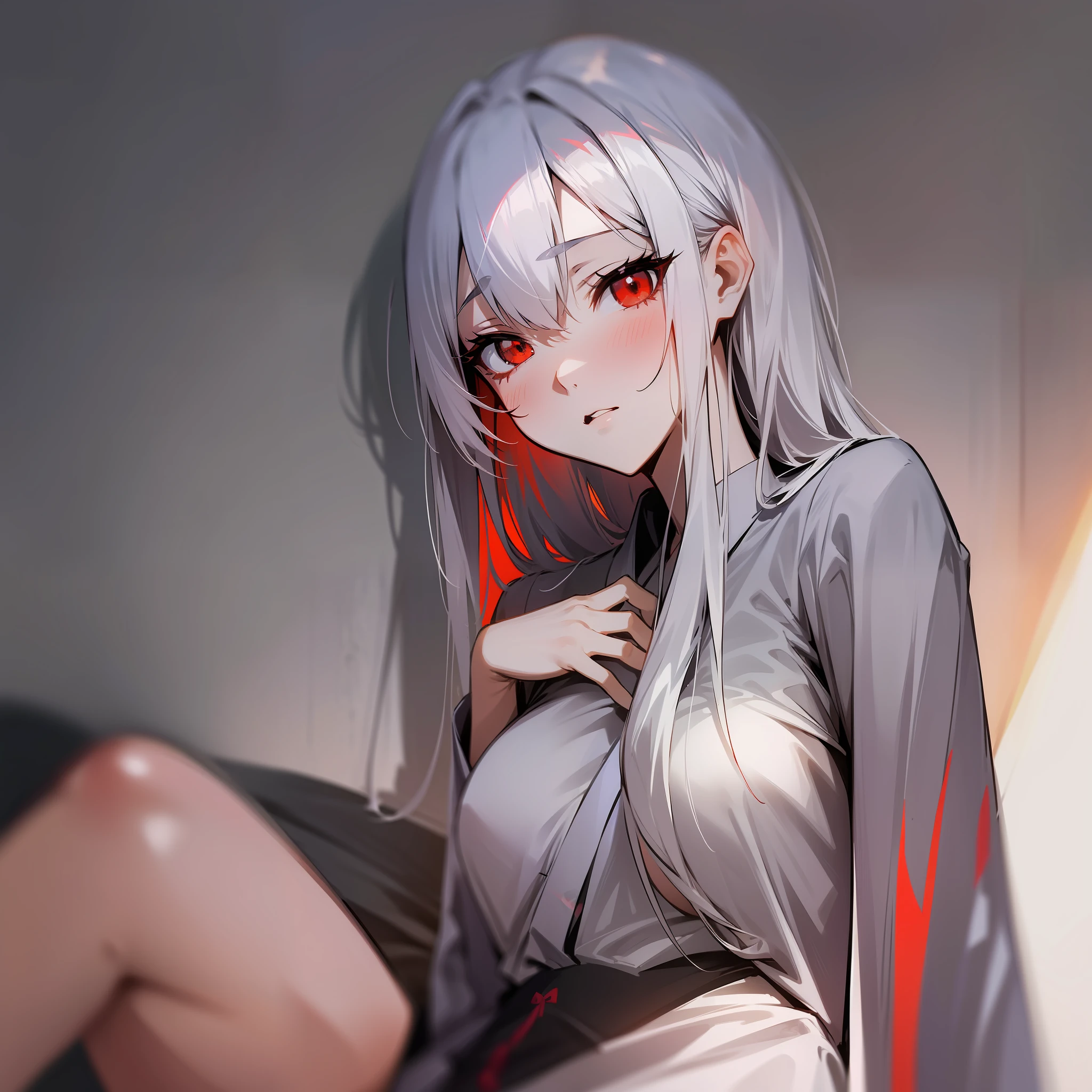 (Japanese anime, slender, glossy, light and shadow, shadow, tsundere style), best image quality, silver hairstyle, red eyes, white shirt, monochrome background, panties, lingerie, sexy.