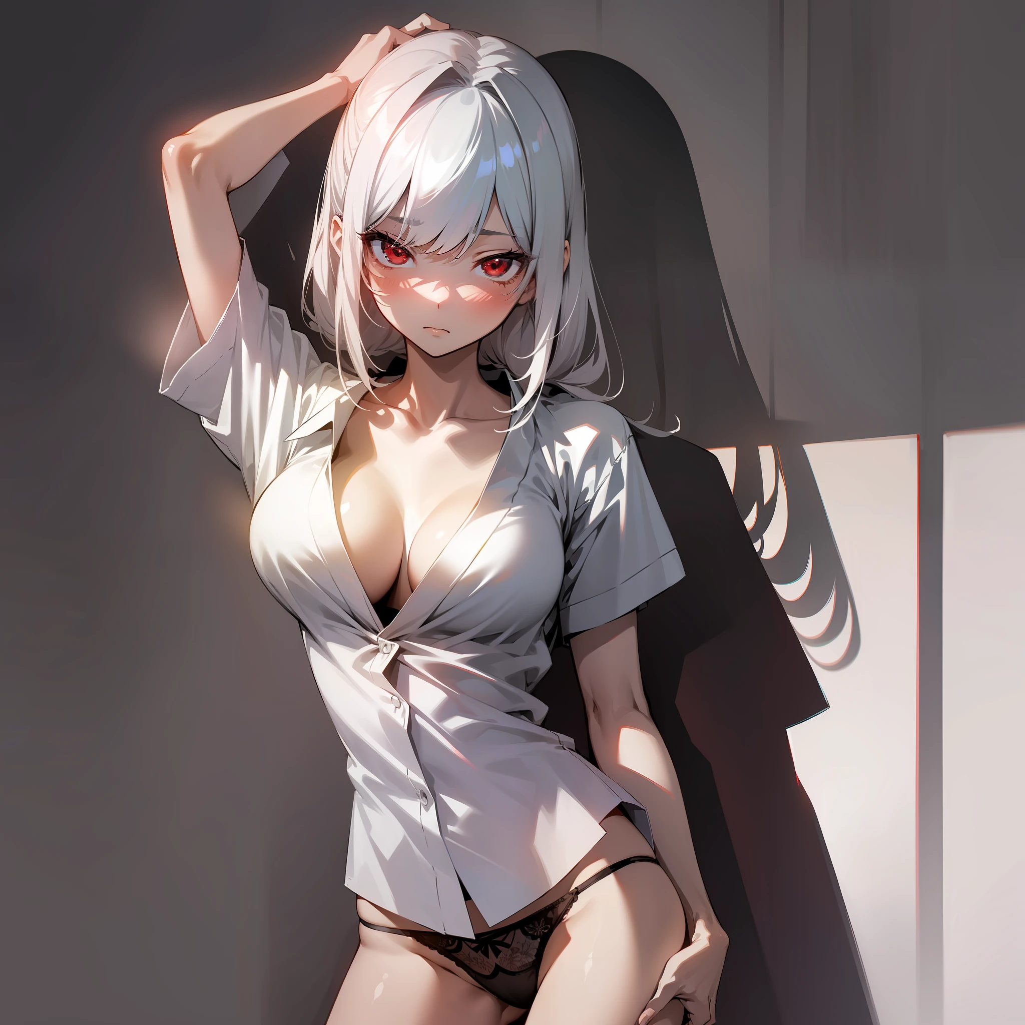 (Japanese anime, slender, glossy, light and shadow, shadow, tsundere style), best image quality, silver hairstyle, red eyes, white shirt, monochrome background, panties, lingerie, sexy.