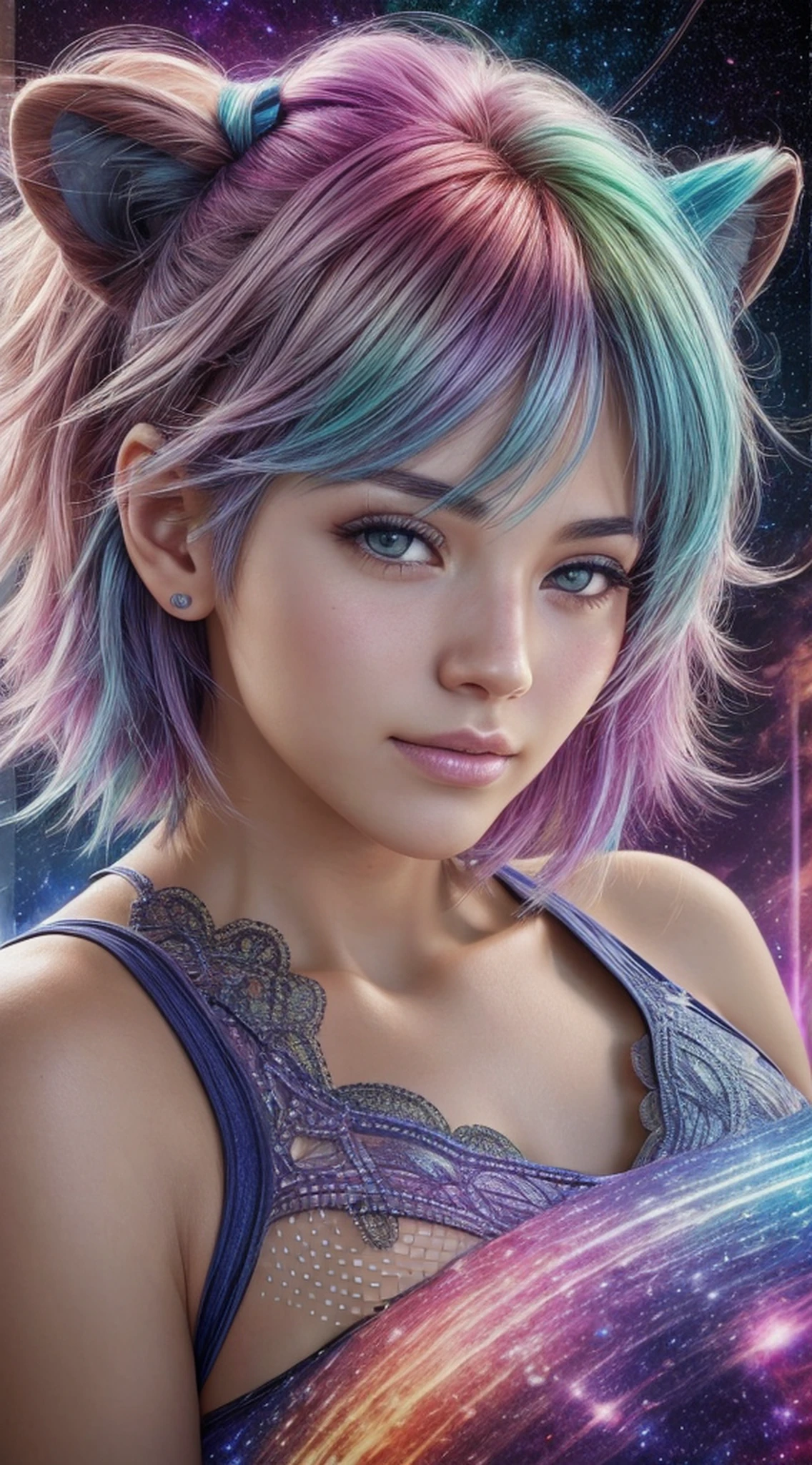 photo galaxy, spiral, universe, nebula, stars, smoke, rainbow colors, intricate details, lion shape, octane rendering, 8k hyper realistic and realistic textures, unreal natural lighting engine, cinestir 800, (35mm lens), natural, cute, woman, Japan, underwear, shortcut, live action, 8k hyper realistic and realistic texture, bright hair color, realistic skin toneshortcut --auto --s2