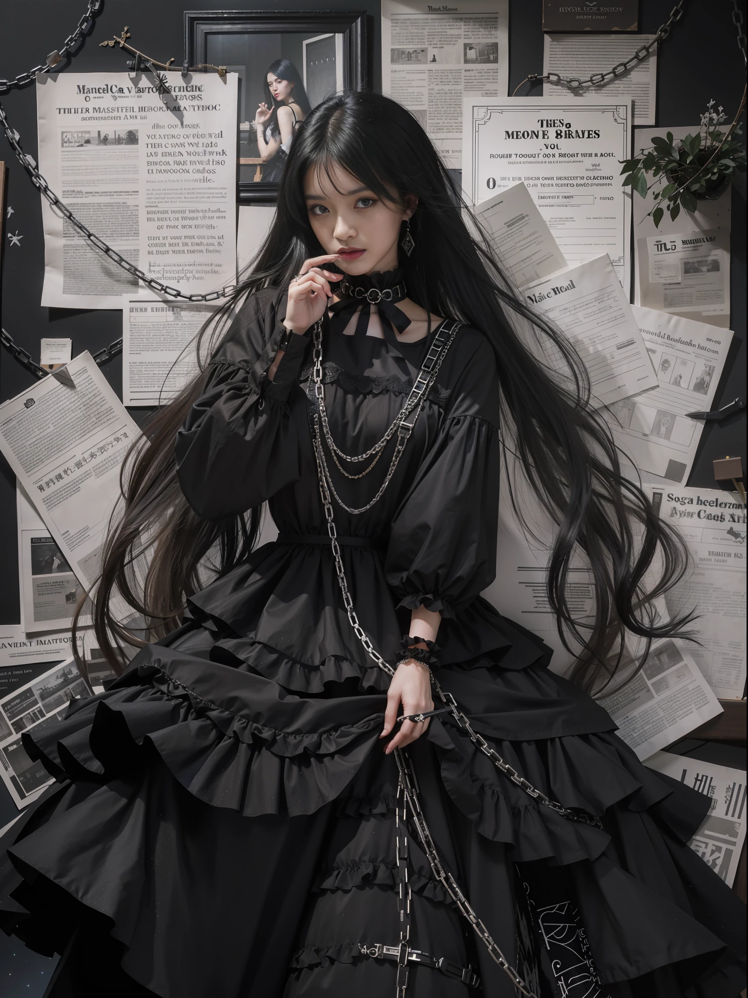 A woman in a gothic black dress, in the style of yuumei, magenta, neck wrapped in steel chains, obvious brushstrokes, clear brushstrokes, story-filled picture, old newspaper stacked paneled background, newspaper elements, pattern, long black hair, galactic eyes, dazzling light, special effects, line drawing, needle pen technique, charcoal brush strokes, clear details, master work
(masterpiece), realistic, HDR, highly detailed, 8k, original photo,
Ambient occlusion, nature, harmonious composition, cool colors, fine art photography,