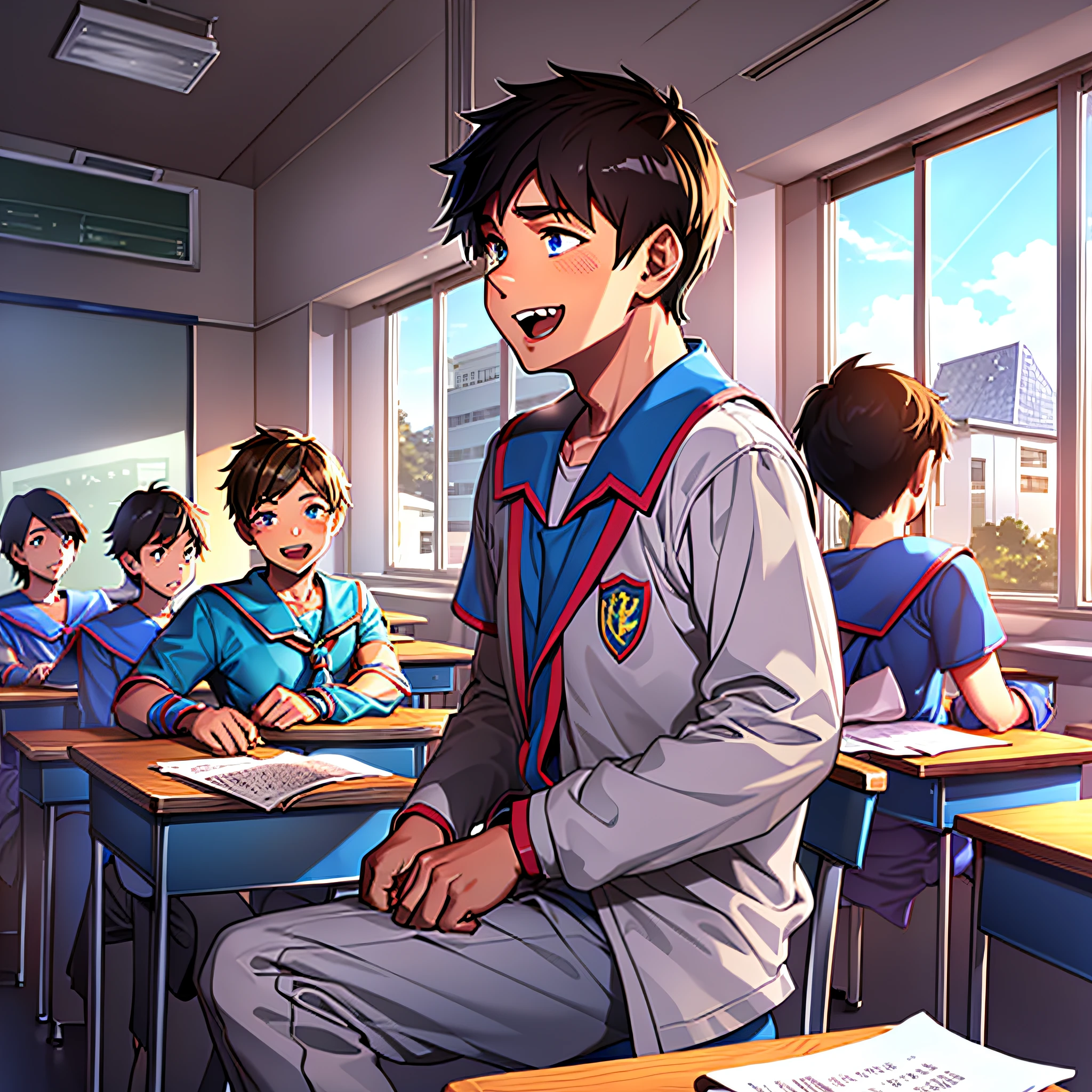 A young man sits in the classroom with his head bowed, and his classmates around him laugh at him