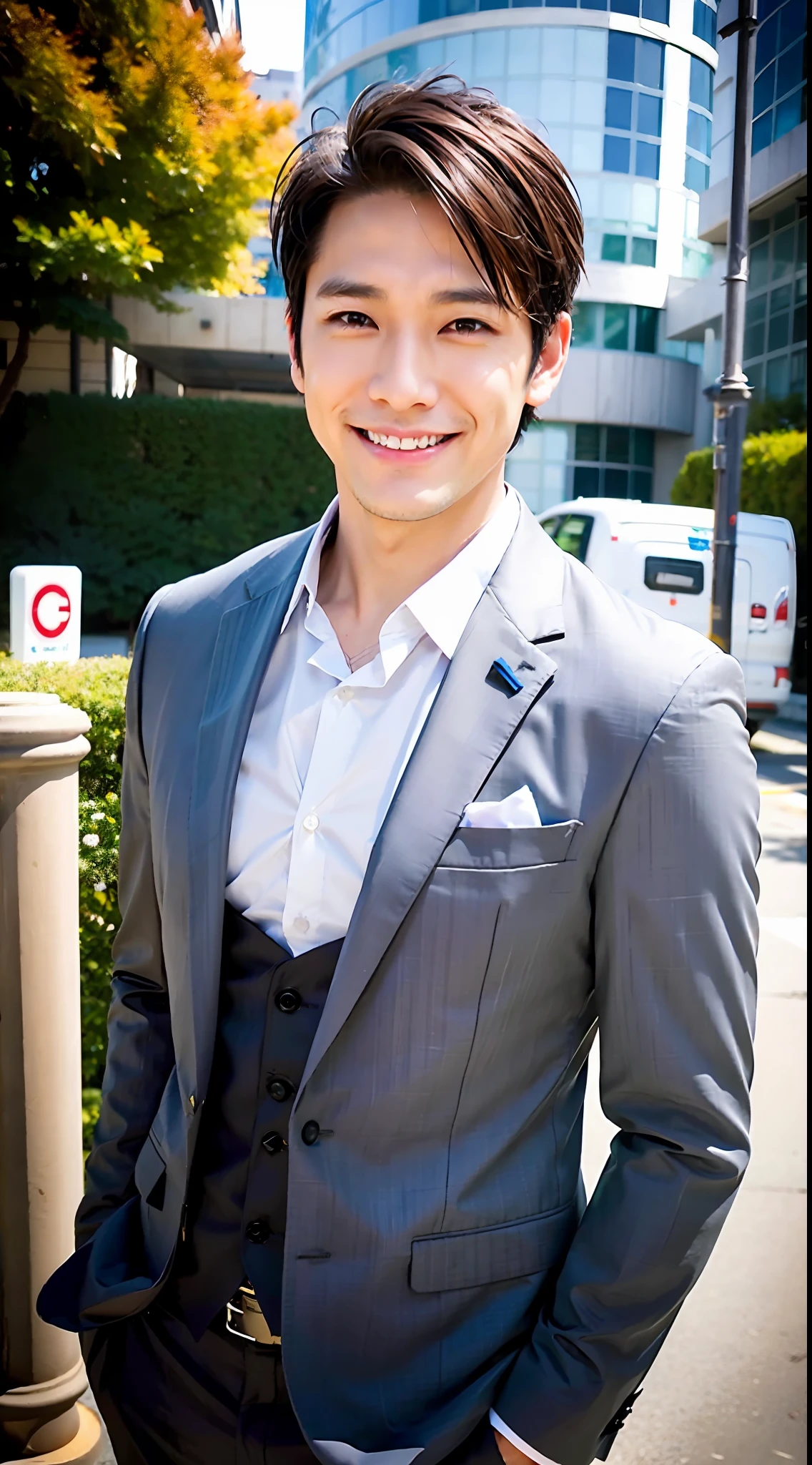 1boy, 35 years old Japanese male, (male:1.5), gray eyes, squint, (very short hair: 1.3), under_cut, ((shirt)), ((suit)), (handsome, sharp) , smile,))), (stout muscles), (stout physique), SFW, outdoors, detailed background, modern urban,