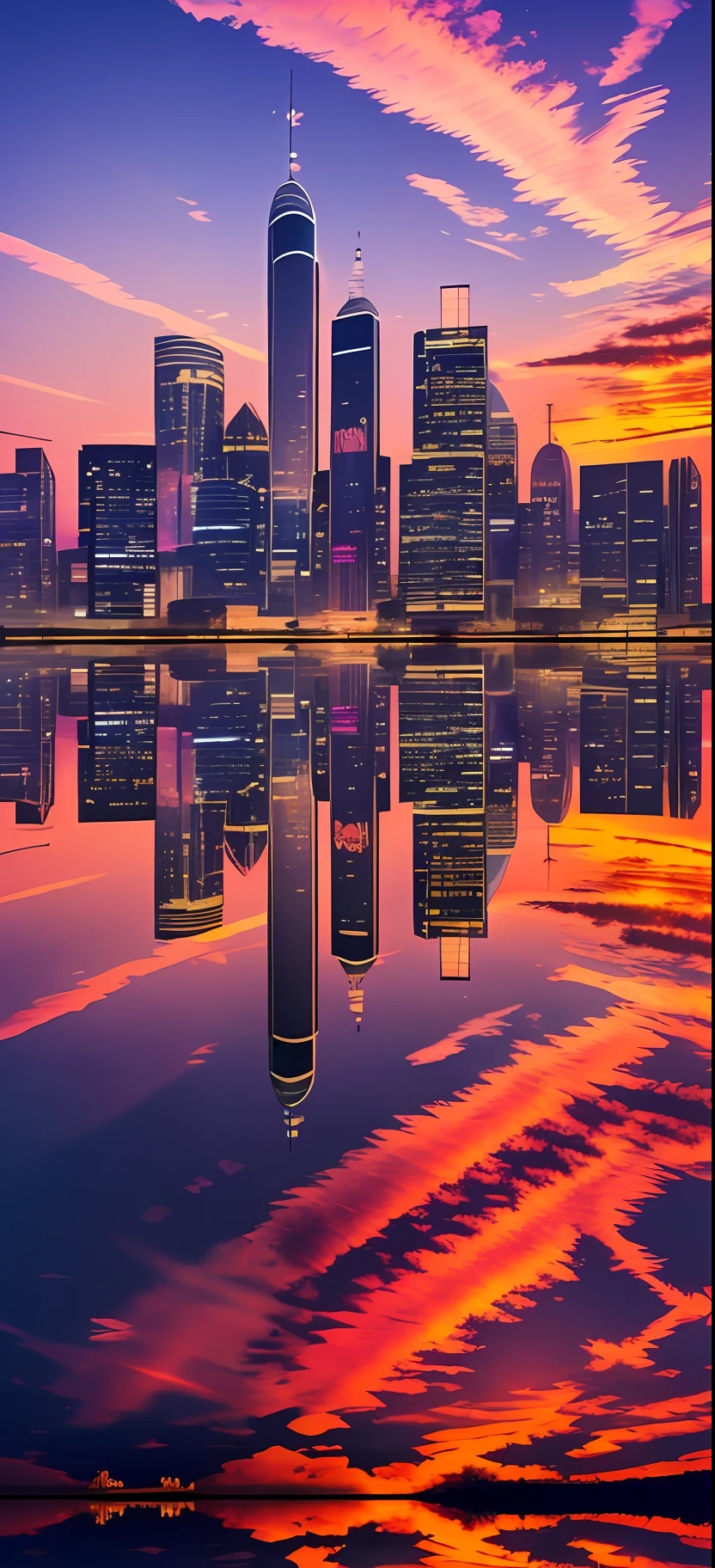city, black gold style skyscraper, sunset, have a beautiful sunset, surreal colors, colorful sunsets, colorful sky, wonderful sky reflection, amazing sky, fantastic atmosphere 8K, colorful clouds, color reflection on lake, surreal sky, red and blue reflection, fire reflection, beautiful sky, beautiful and spectacular dusk, beautiful dream landscape, amazing sky