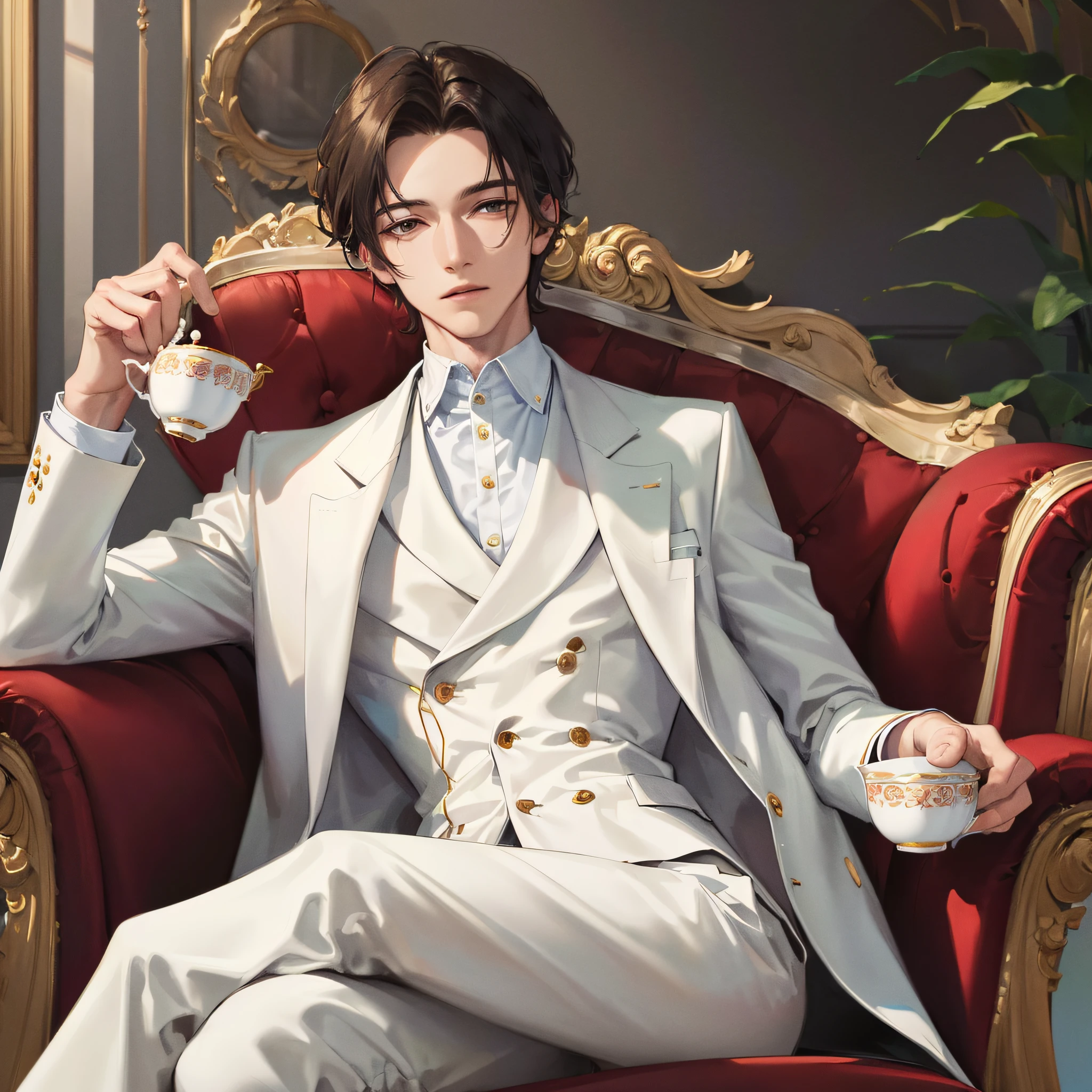 ((masterpiece:1.2, best quality)), villa, sitting on sofa, 4k, 1man, adult, mature, handsome, extremely short hair, forehead, white suit, portrait, extremely detailed face, sitting with crossed legs, holding a teacup in one hand