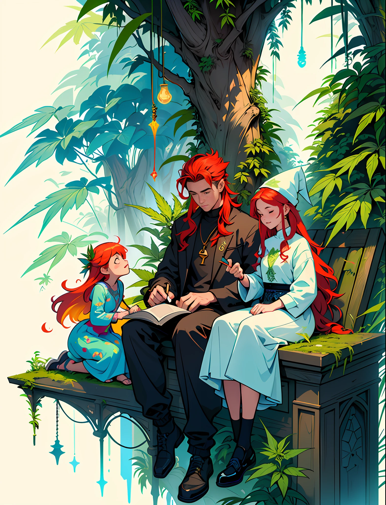 Boy, Girl,Dad,Mom,Family in love Hemp, leaf,marijuana,cannabis cone,((illustration)), colorful, wallpaper, energy, secret, magical environment, magical environment, magic wand, pages flying in the sky, omniscience, prediction of the future, understanding the past, frost magic, spells, red hair, long hair, --v 6