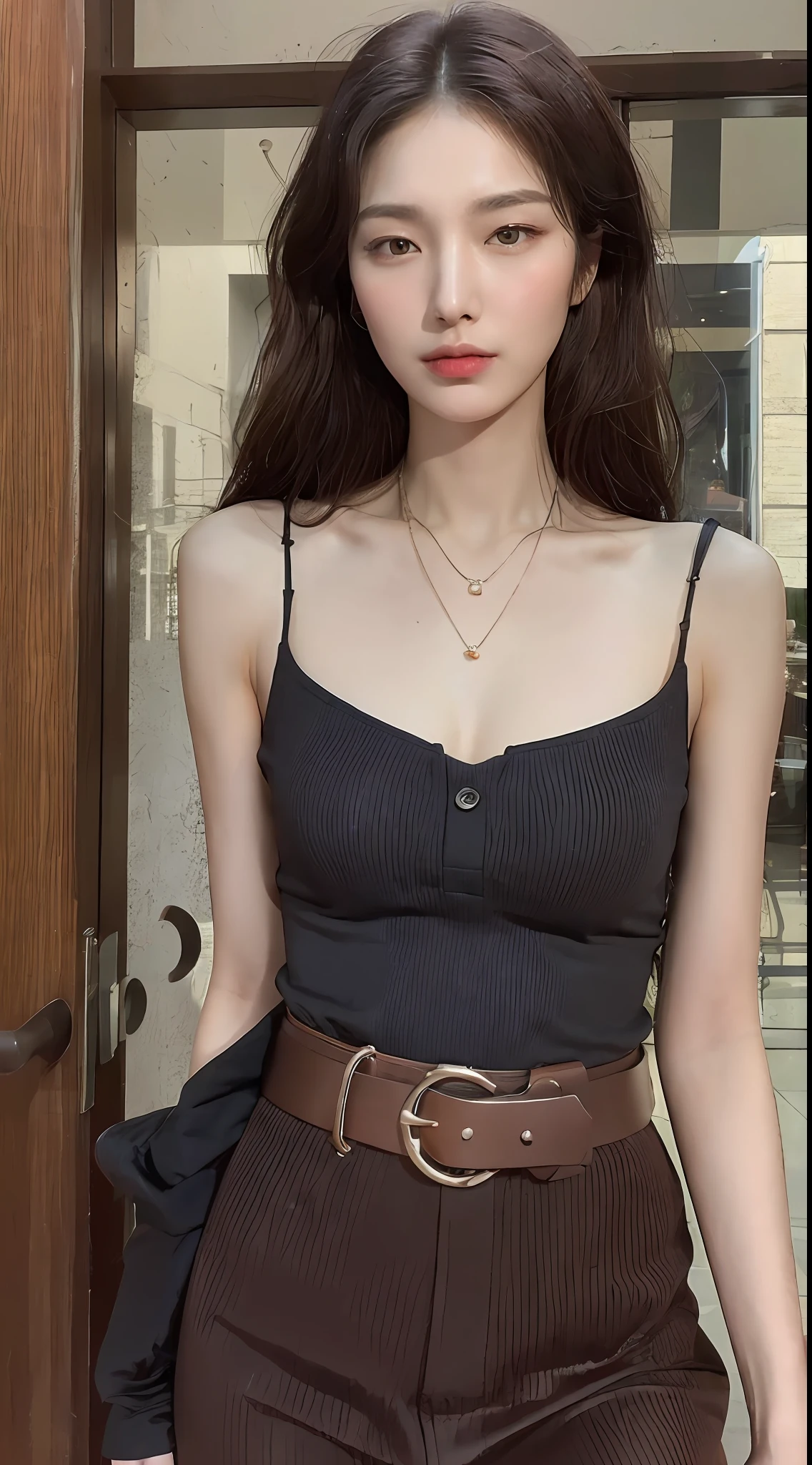 (Best quality, high resolution, masterpiece: 1.3), a tall and beautiful woman, slender abs, dark brown hair in loose wavy shape, wearing pendant, white buttoned shirt, belt, black skirt, (modern architecture in the background), face and skin texture in beautifully presented details, detailed eyes, double eyelids