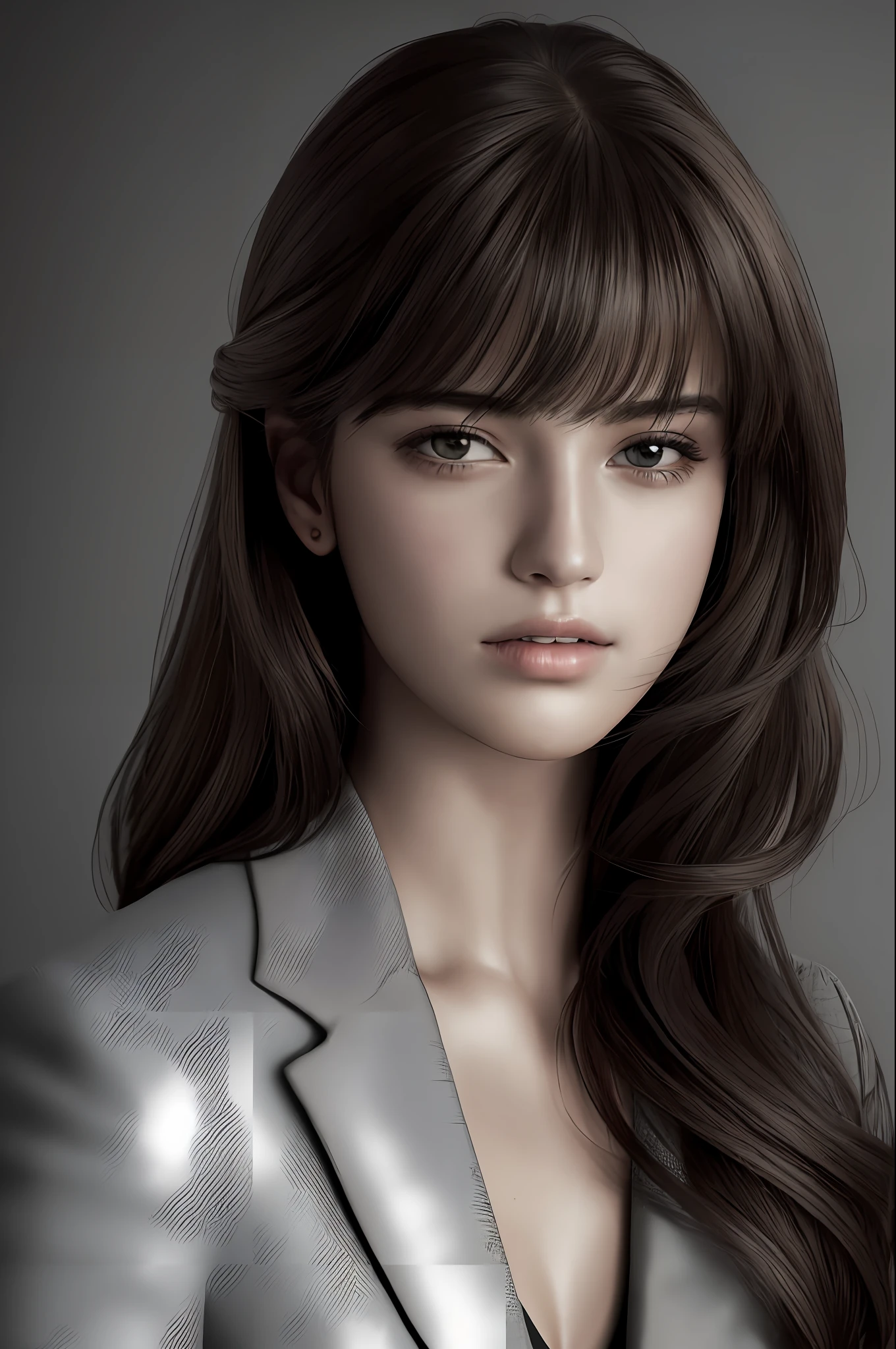 Top Quality, Masterpiece, Ultra High Resolution, Portrait, (Photorealistic: 14), Raw Photos, 1girl, Side Sweep Bangs, Suit Wearing, Detailed Face Texture, Small Breasts