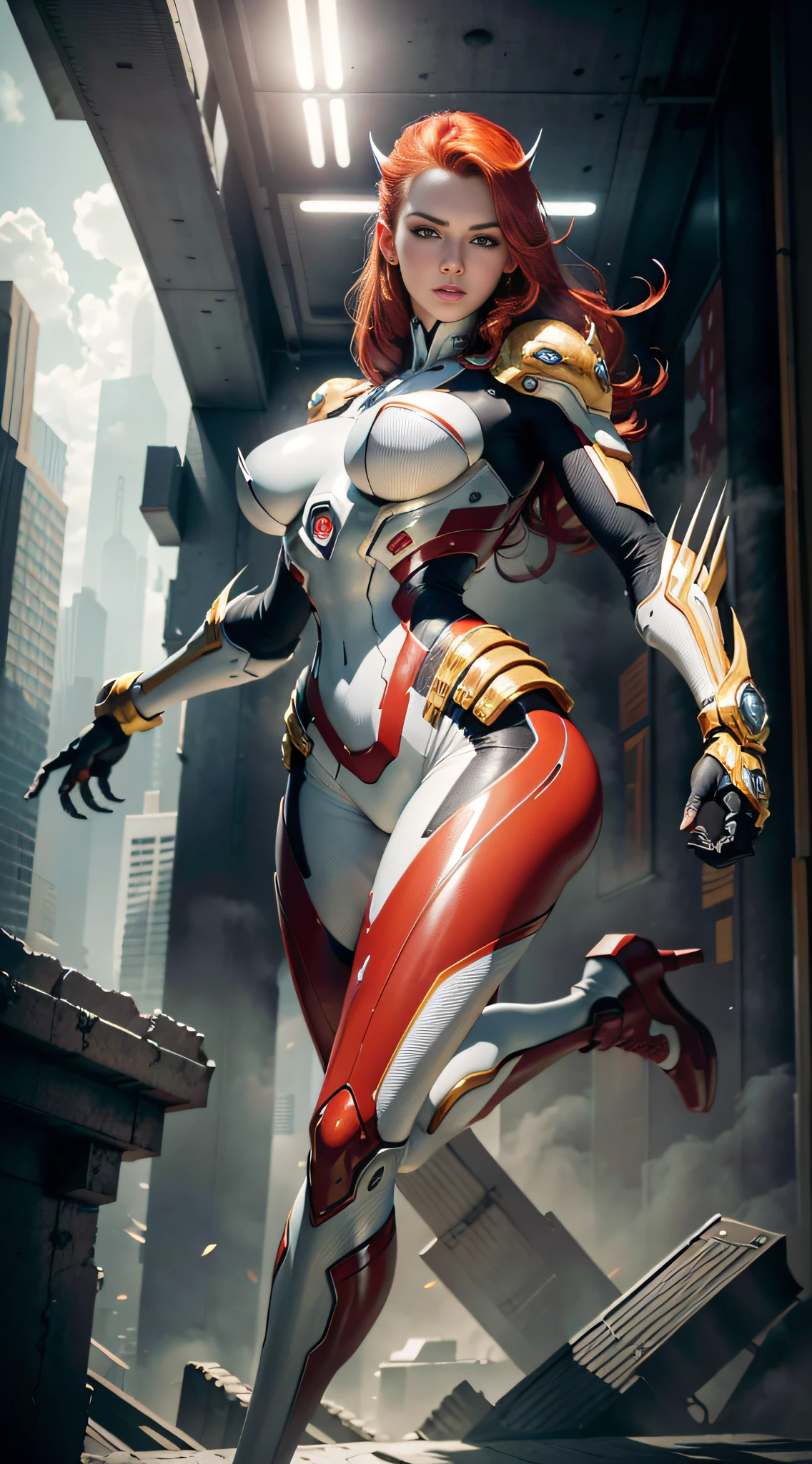 RAW, masterpiece, ultra thin photo, best quality, ultra high resolution, photorealistic, sunlight, full body portrait, incredibly beautiful, dynamic poses, sexy, delicate face, vibrant eyes, (red hair), she is wearing a futuristic wolverine unform, adamantium claws in her hands, red and gold color scheme, highly detailed robot factory background, detailed face, detailed and complex busy background, messy, gorgeous, milky white, highly detailed skin, realistic skin details, visible pores, sharp focus, volumetric mist, 8k uhd, dslr camera, high quality, film grain, fair skin, photorealism, lomography, expanding metropolis in futuristic dystopia, view from below, translucent,