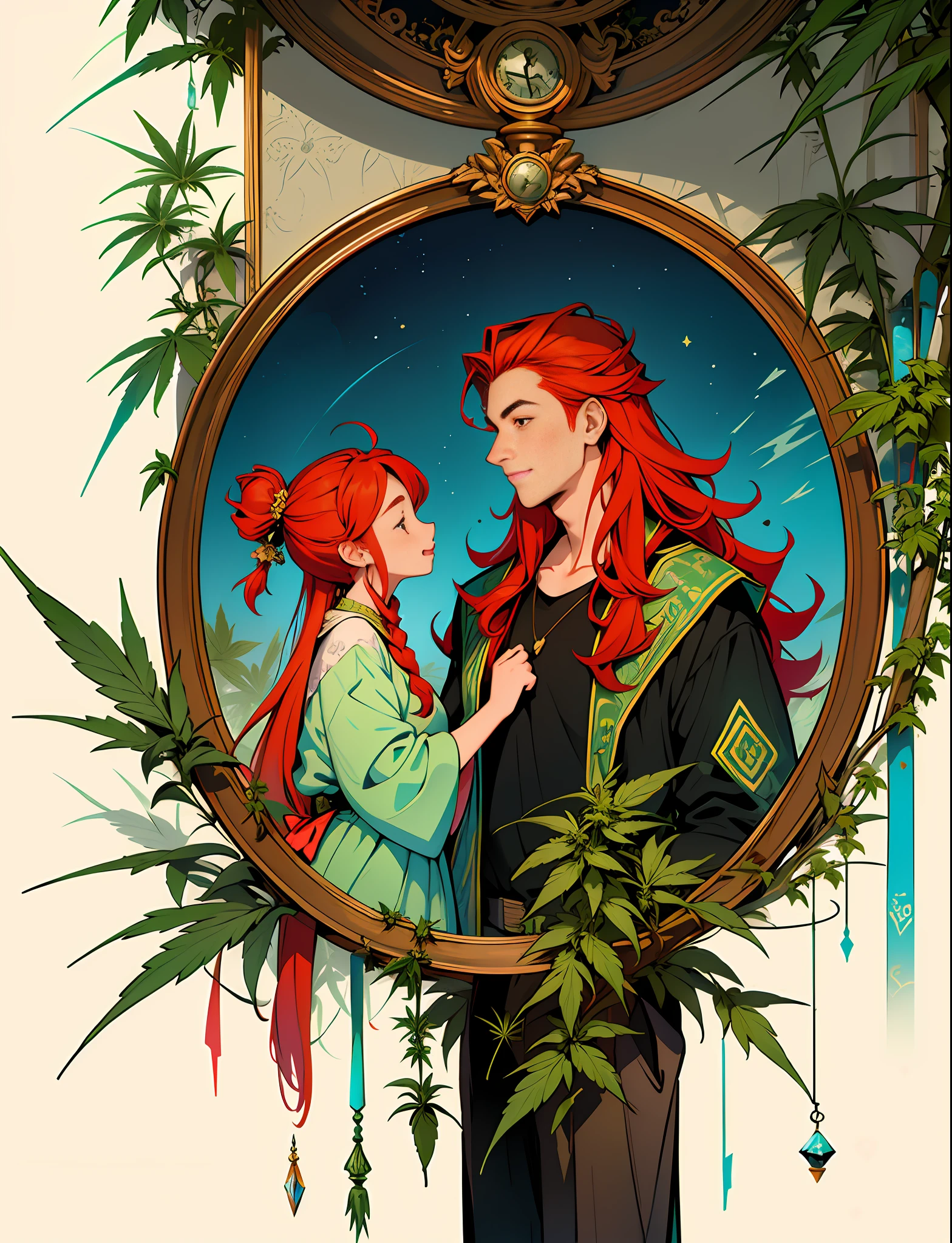 Boy, Girl,Dad,Mom,Family in love Hemp, leaf,marijuana,cannabis cone,((illustration)), colorful, wallpaper, energy, secret, magical environment, magical environment, magic wand, pages flying in the sky, omniscience, prediction of the future, understanding the past, frost magic, spells, red hair, long hair, --v 6