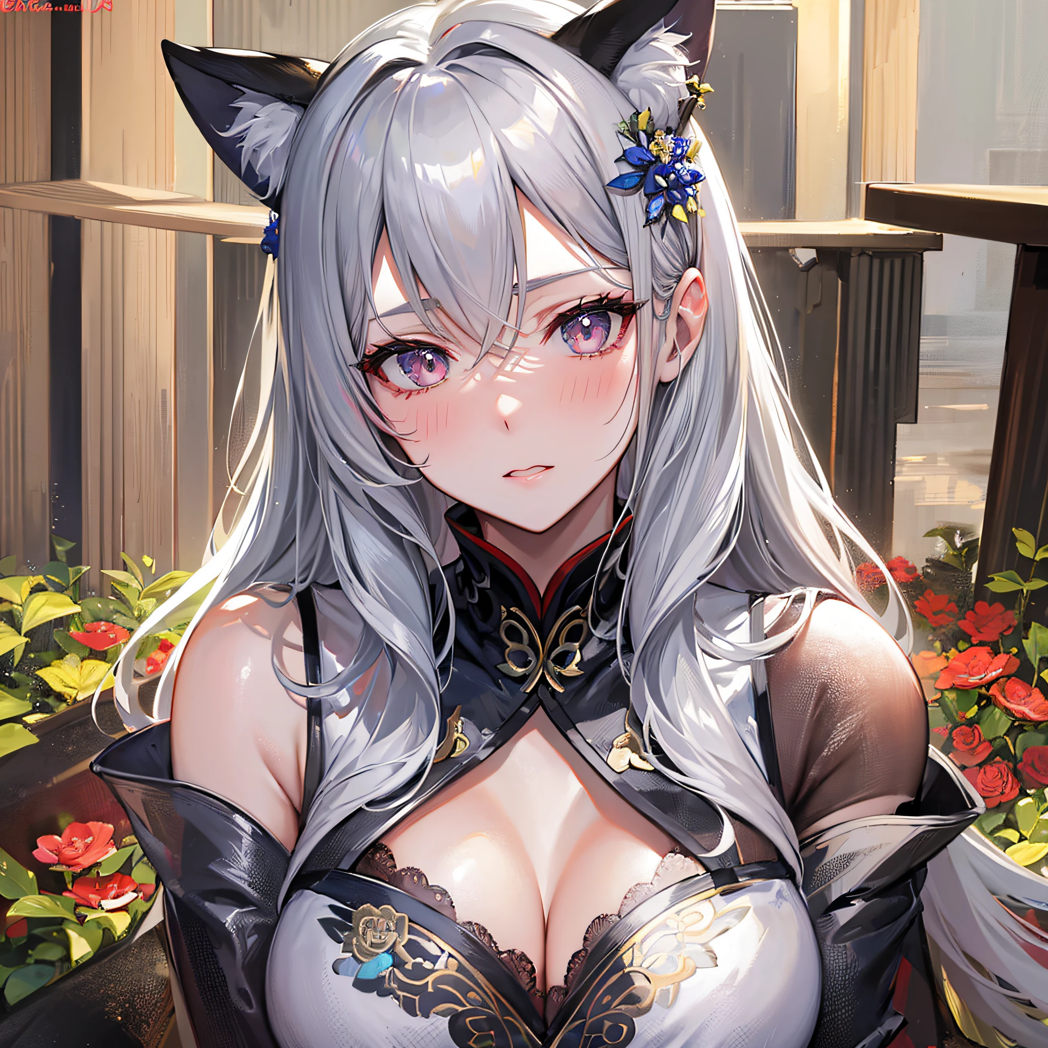 Absolutely beautiful cat lady, perfect slim body, royal sister, gray hair, royal sister face, cheongsam, sexy aalluring, beautiful face, bust, 4K picture quality, big body, feminine expression, blush shy, large bust, deep eyes,
