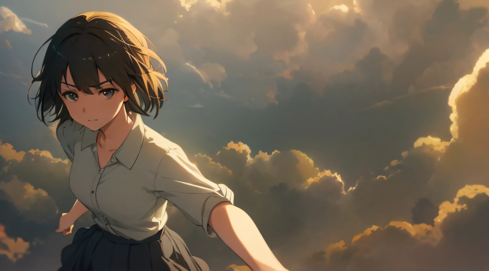 Very detailed and precise anime style illustration, very beautiful young woman, brown short hair, wearing gray shirt, gray long skirt, perfect round gray eyes, fantastic scene with thick fog. Dramatic iridescent lighting, Makoto Shinkai anime style.