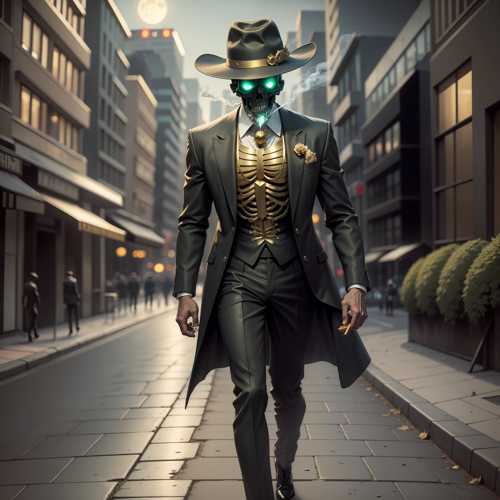 Skeleton man dead alive, greenish skin, gold teeth, hat and black suit, smoking cigarette, huge eyes, sidewalk, clear weather, full moon night, walking on the street, Golden mouth, realistic, HD image, Clean image, 8k image, High resolution, masterpiece