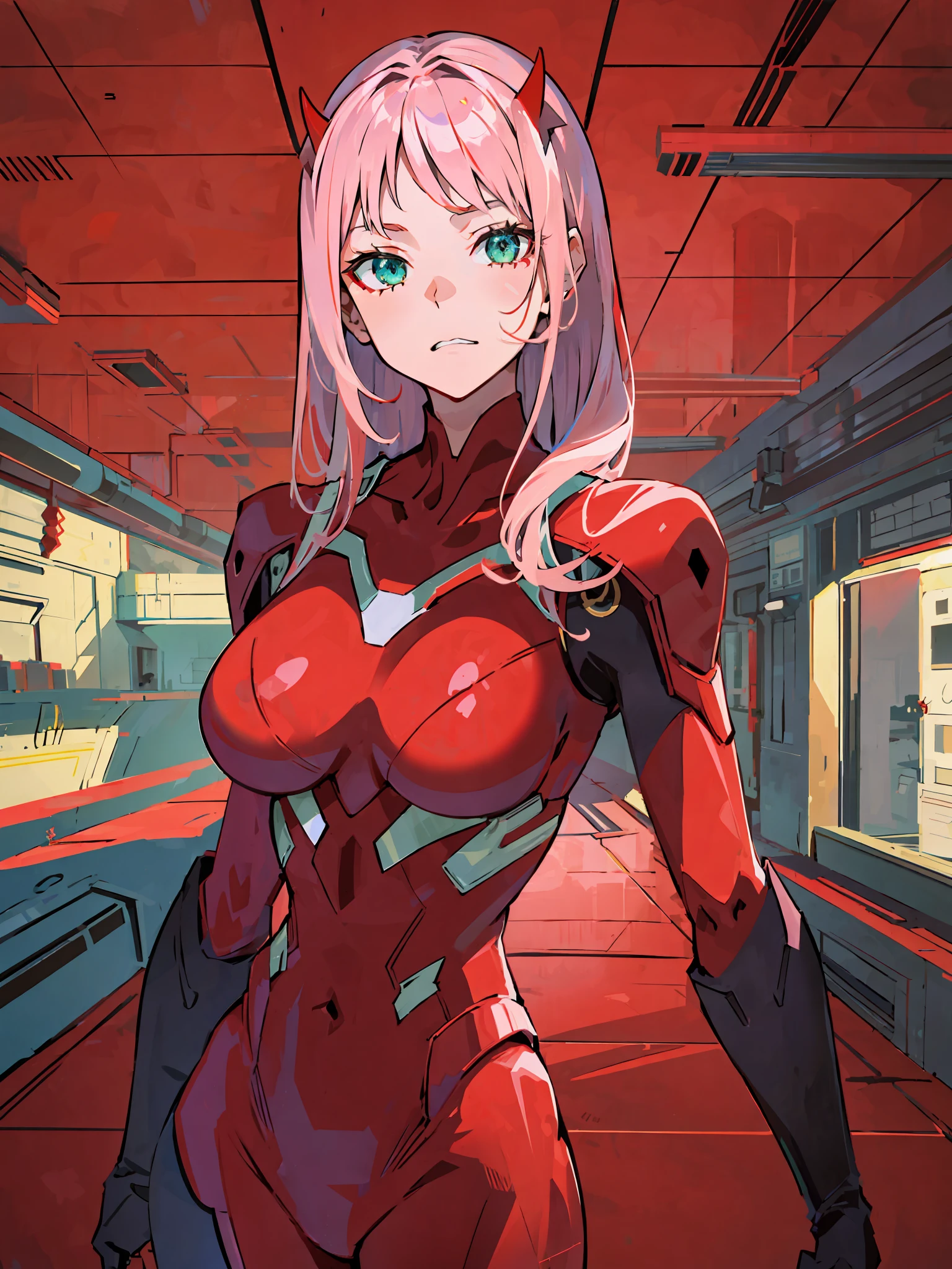 zero two \(darling on franxx\), darling on franxx, 1girl, bangs, bite, shadow, long hair, small breasts, big thighs, red bodysuit, green eyes, makeup, pair of small red horns, pink hair, red eyeshadow, soil, sunshine