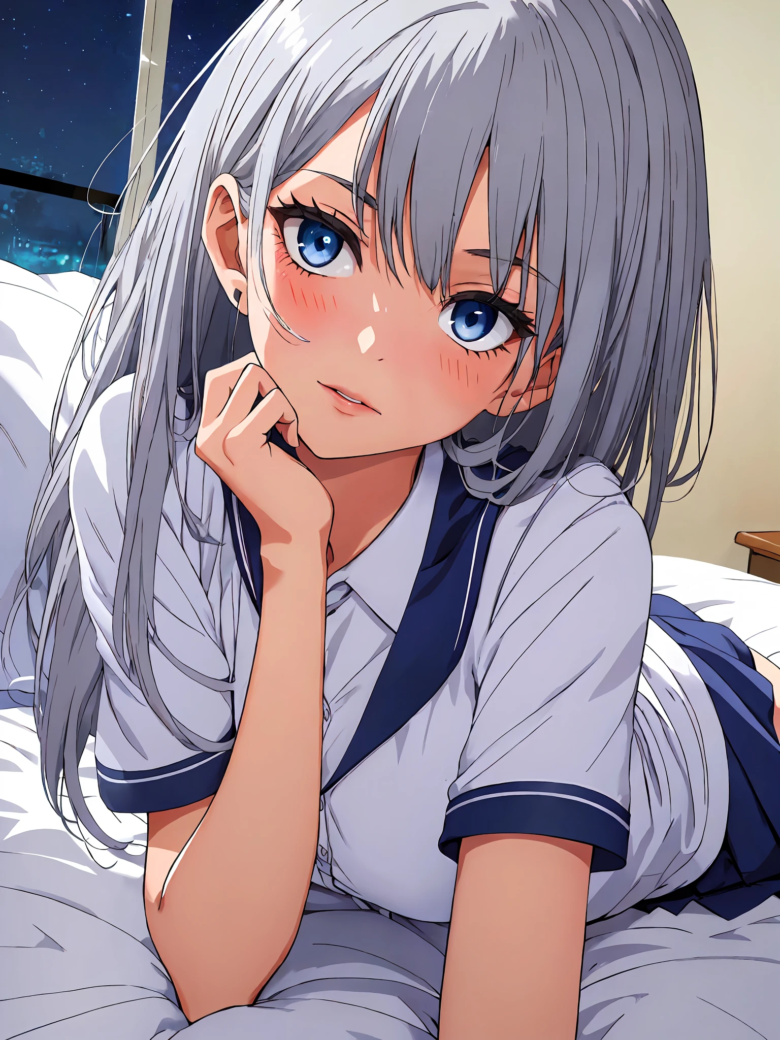 (Masterpiece, Top Quality, Best Quality, Official Art, Beautiful and Aesthetic: 1.2), (1 Girl: 1.2),Break,Solo , Anime, ************, Devilish Beautiful Girl,Gray Hair, Break, Big Eyes, Beautiful Detailed Eyes, Blue Eyes, Sharp Eyes, Hawk-like Eyes, Long Lashes, Break, High Saturation Illustration, Break,,School Uniform, White and Blue, Short Sleeves, Miniskirt, Break, Break, fluffy white bed, lying down, break, top angle, break, night, break, wrist accessory, misanga, break, blush, break,